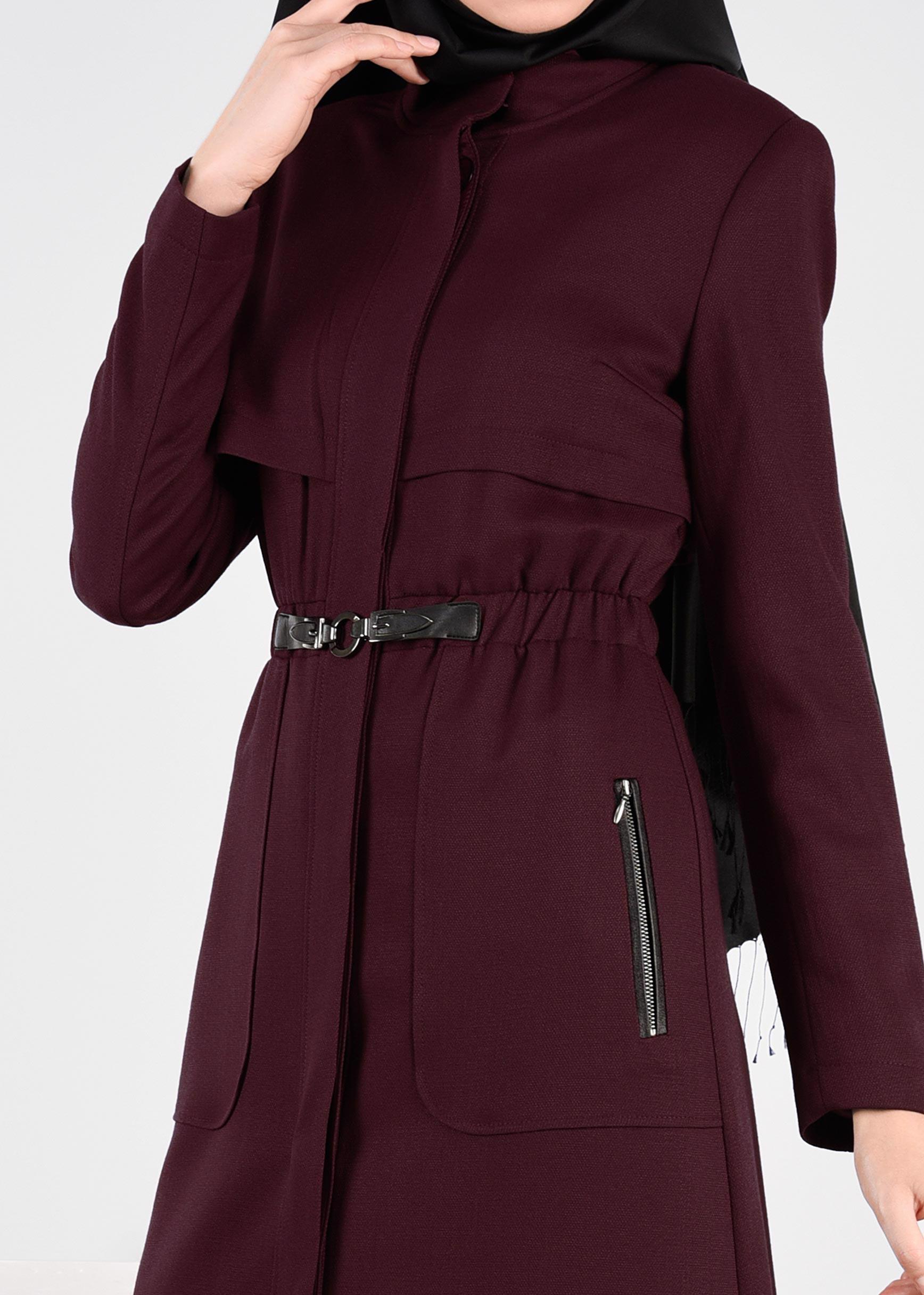 Tesettür giyim BORDO GİZLİ DÜĞMELİ BELİ LASTİKLİ PARDESÜ 1889