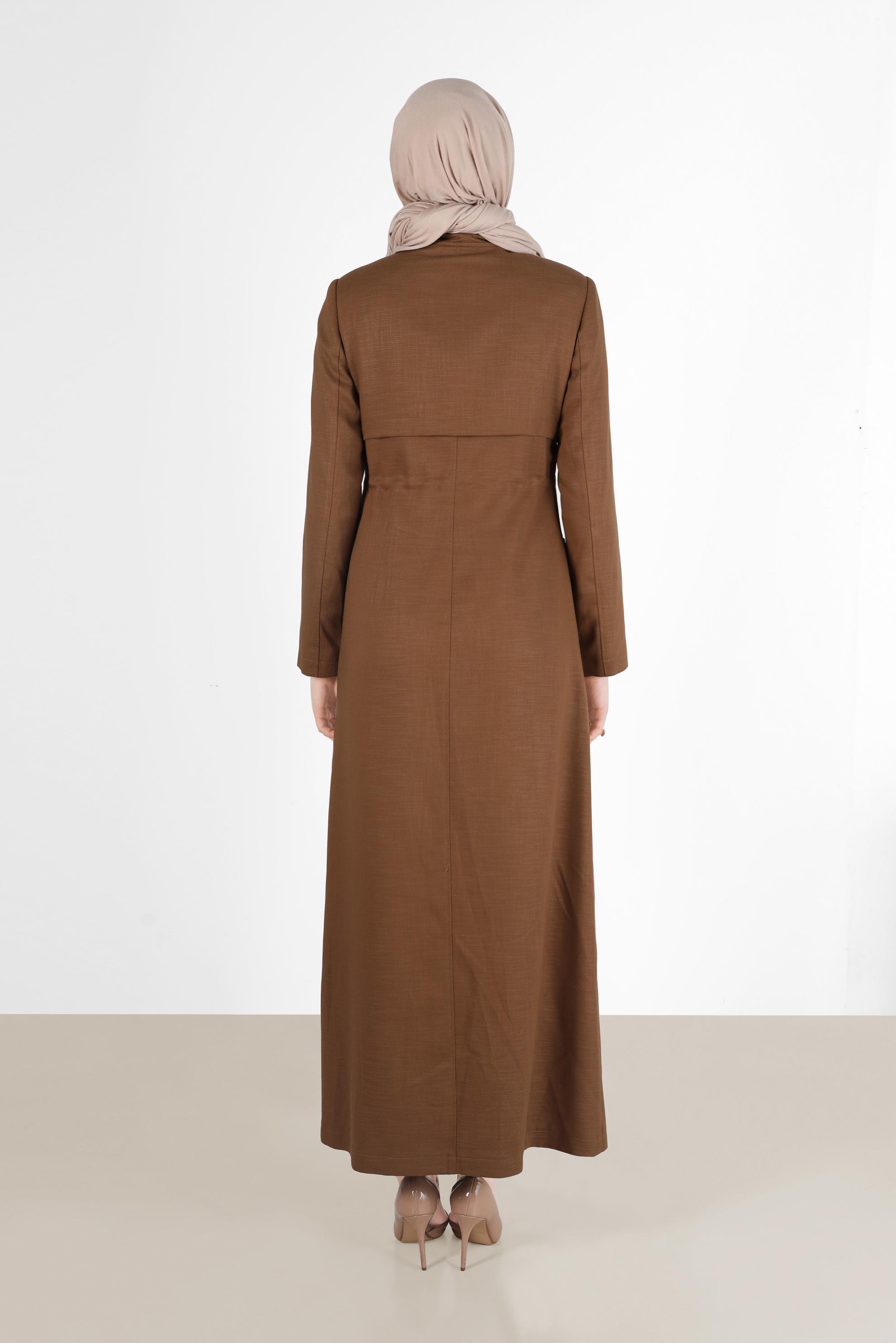 Tesettür giyim KAHVE BELDEN BÜZGÜLÜ FERMUARLI PARDESÜ 1890