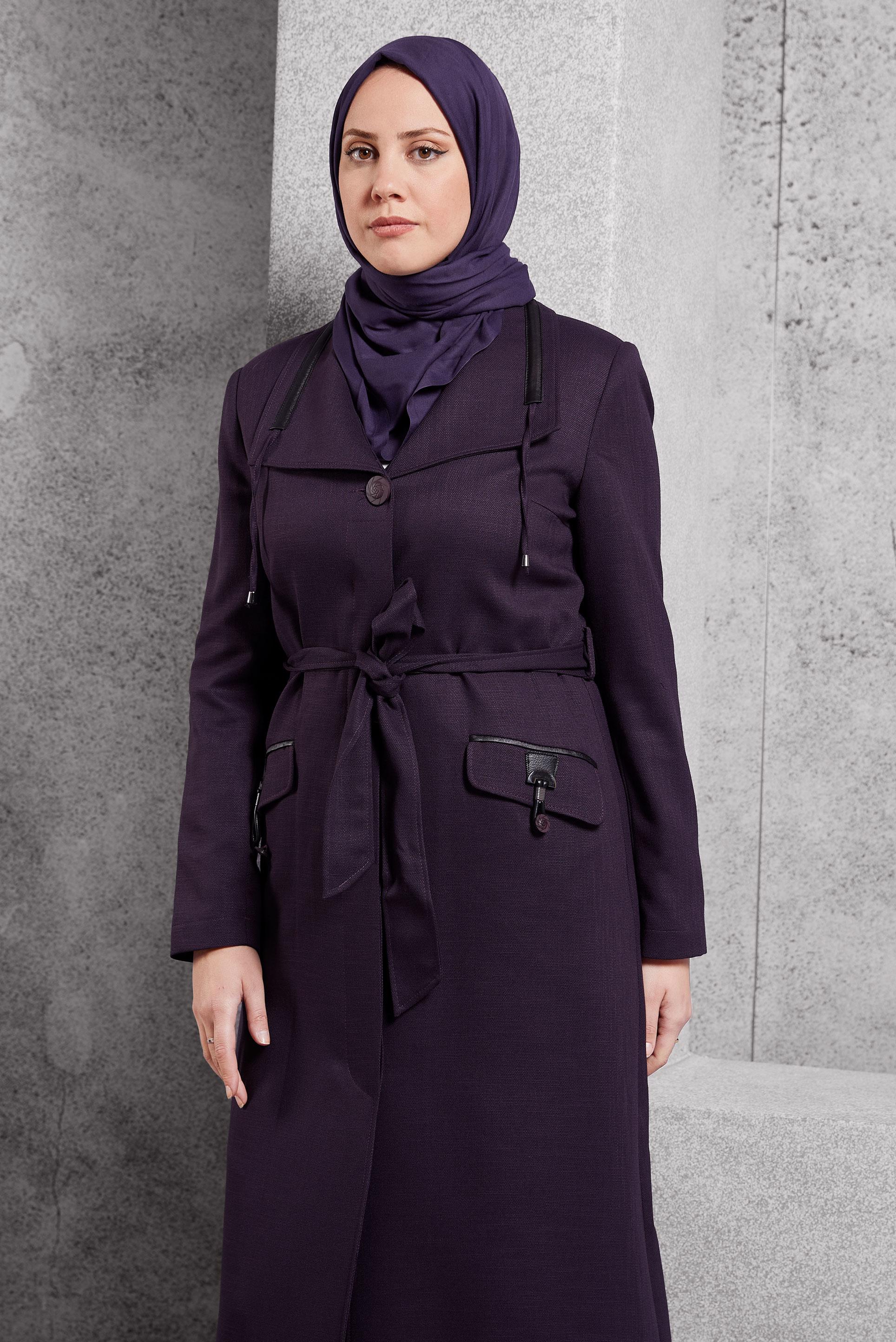 Tesettür giyim MOR CEP DETAYLI PARDESÜ 1894