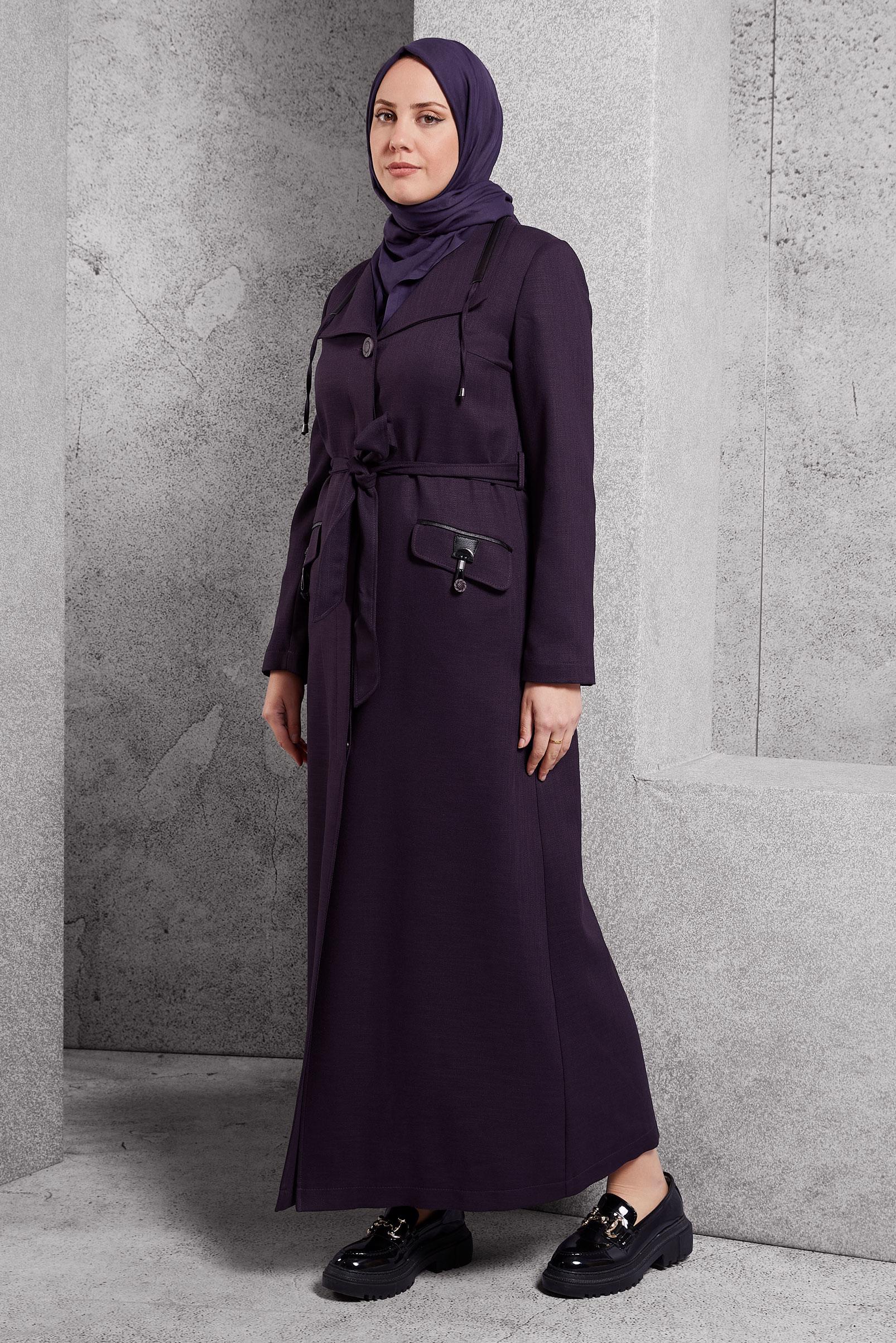 Tesettür giyim MOR CEP DETAYLI PARDESÜ 1894