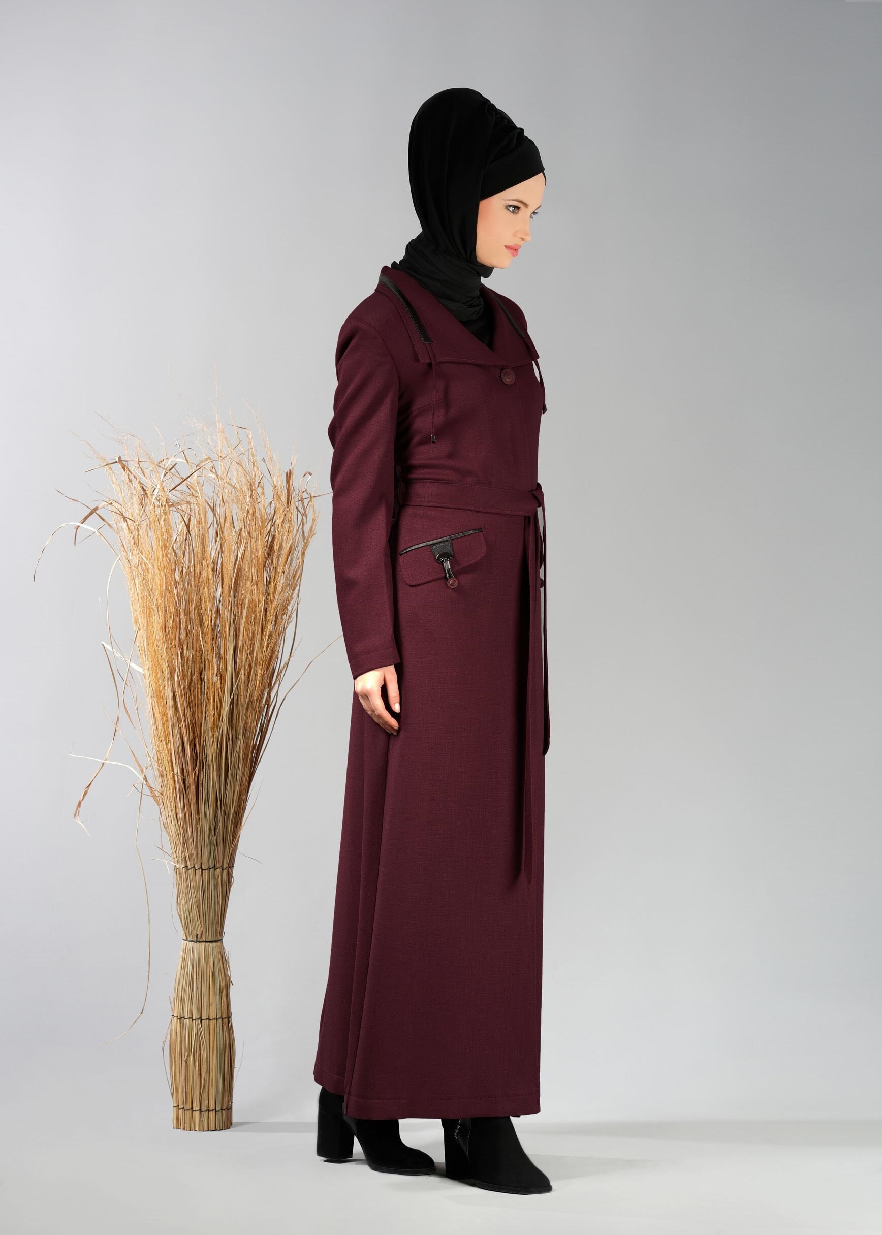 Tesettür giyim BORDO CEP DETAYLI PARDESÜ 1894