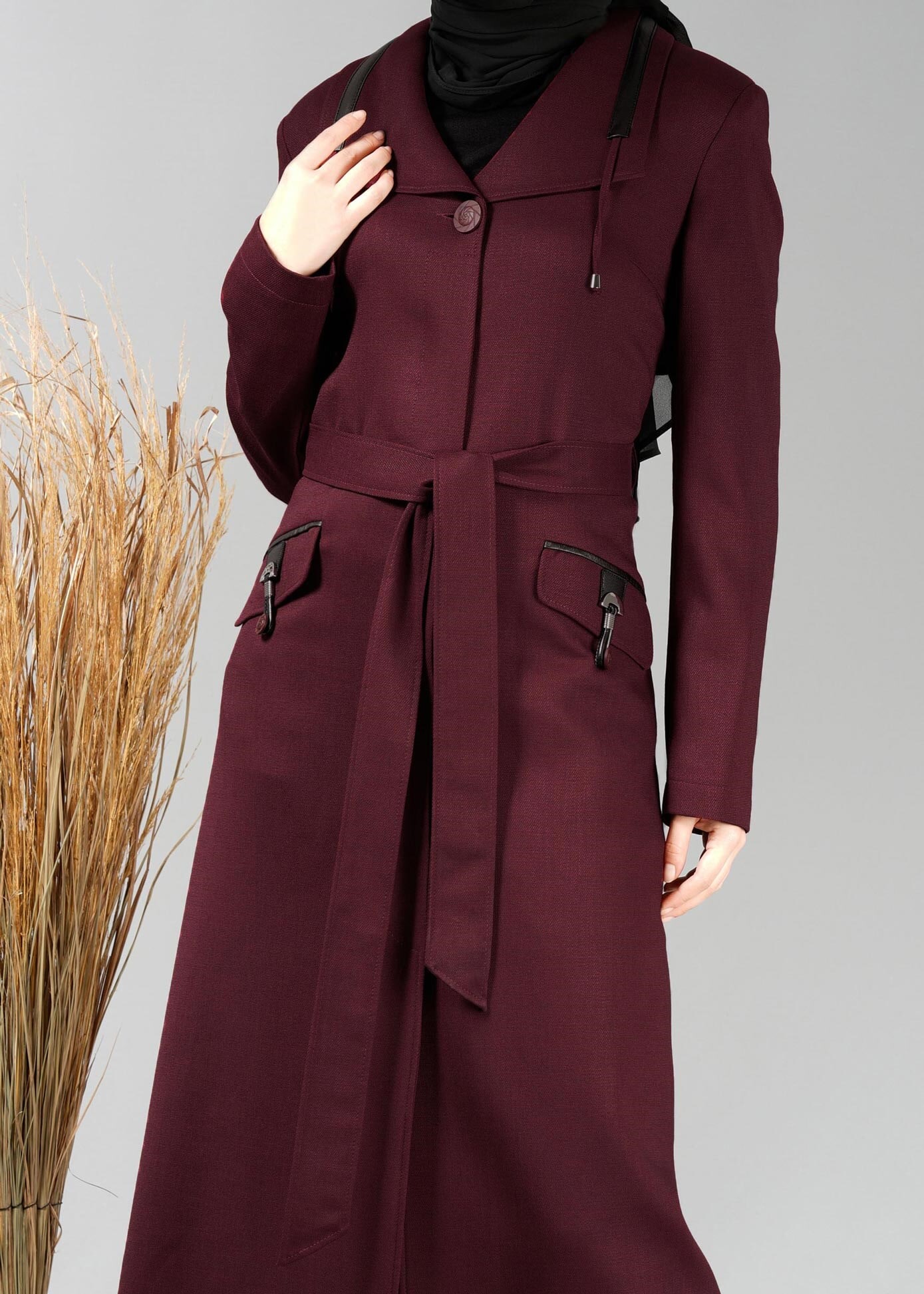 Tesettür giyim BORDO CEP DETAYLI PARDESÜ 1894