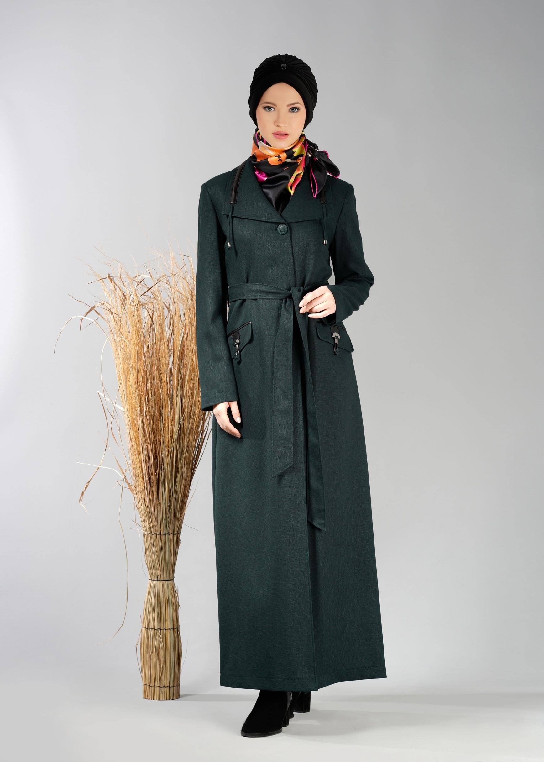 Tesettür giyim YEŞİL CEP DETAYLI PARDESÜ 1894