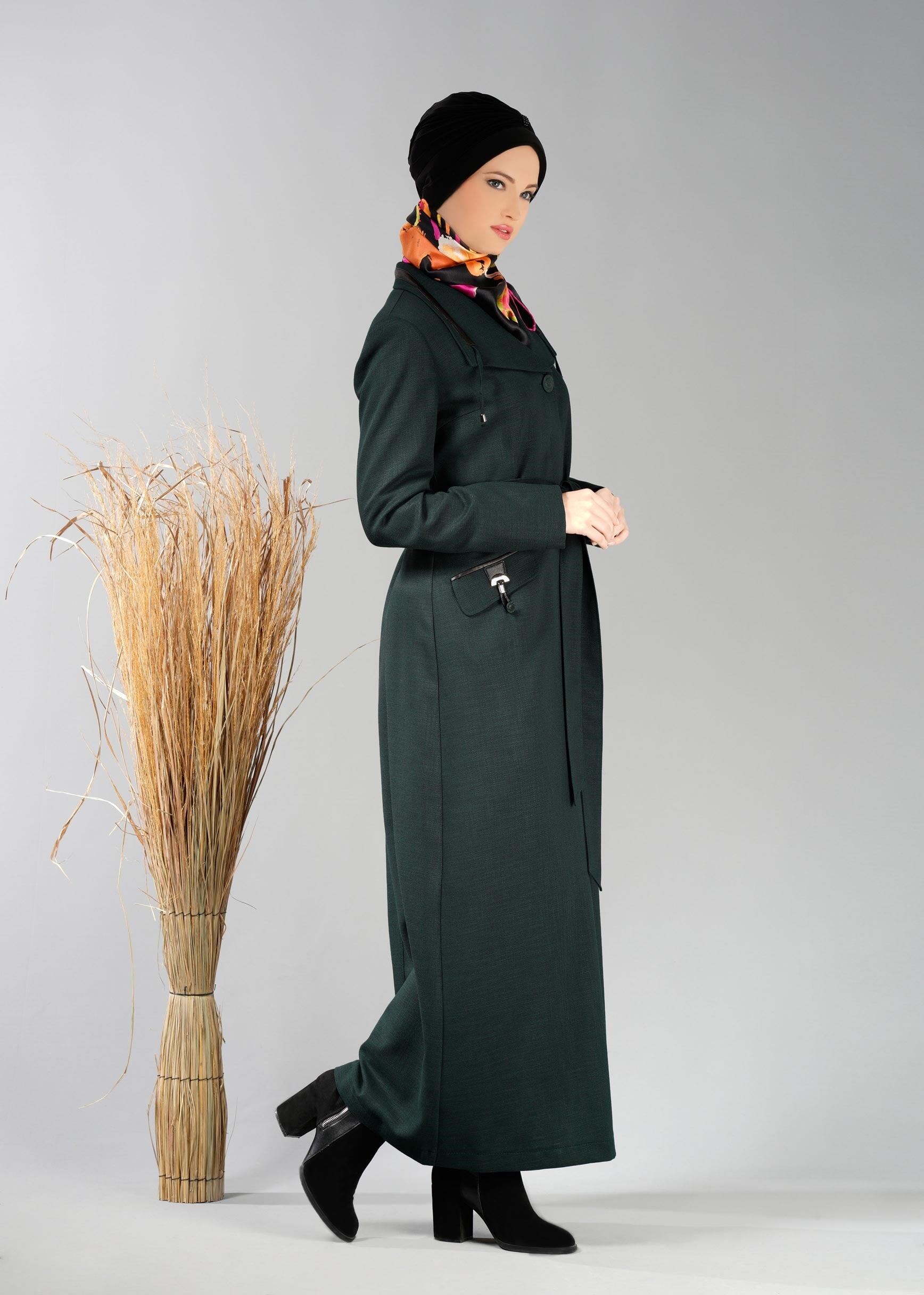 Tesettür giyim YEŞİL CEP DETAYLI PARDESÜ 1894