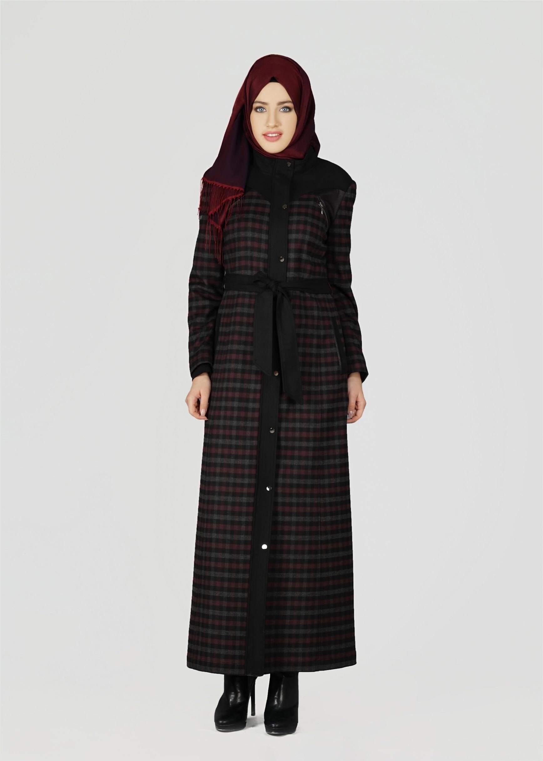 Tesettür giyim MÜRDÜM ÇITÇITLI KARELİ PARDESÜ 1904