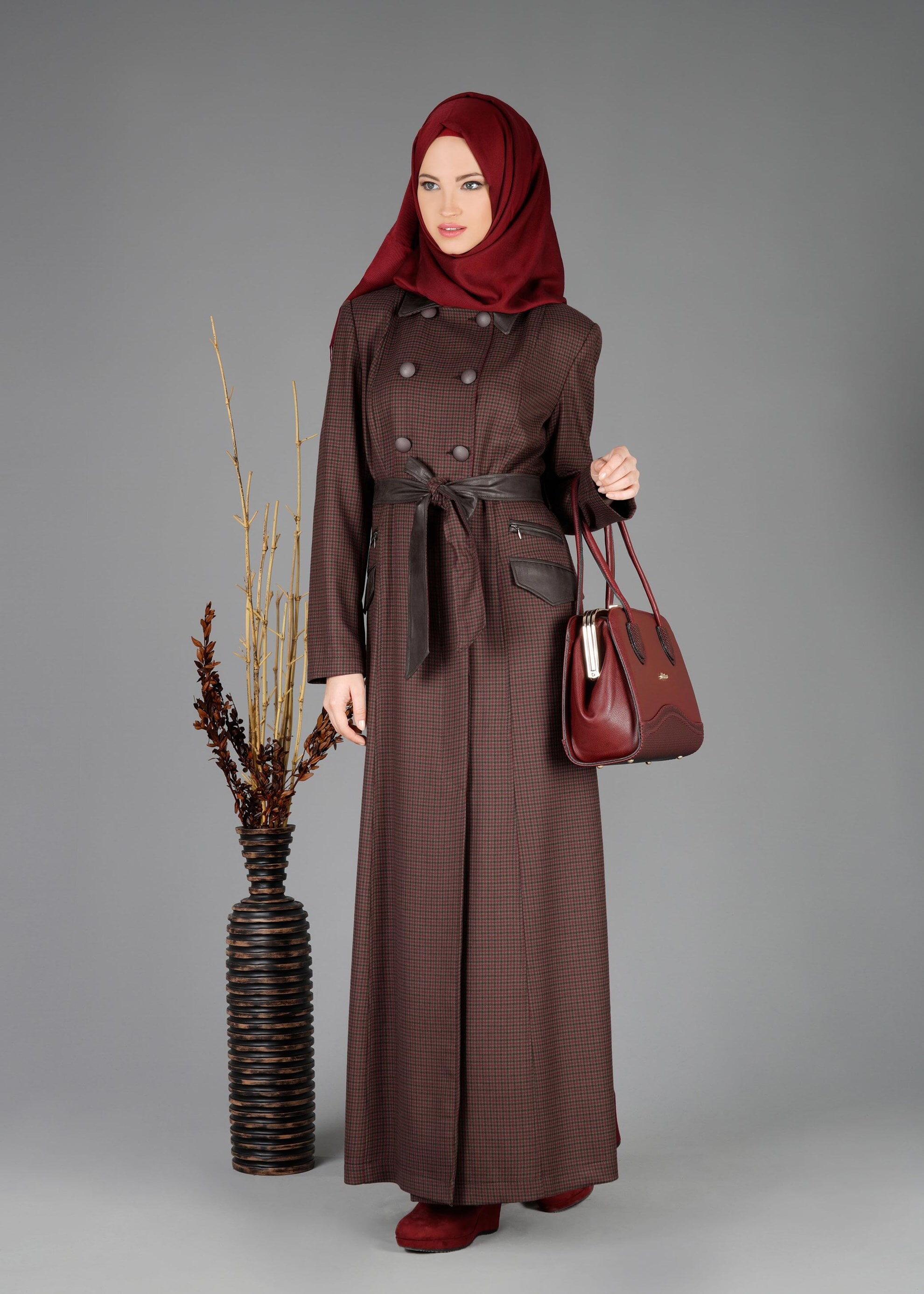 Tesettür giyim VİZON PÖTİKARE DESENLİ PARDESÜ 1905