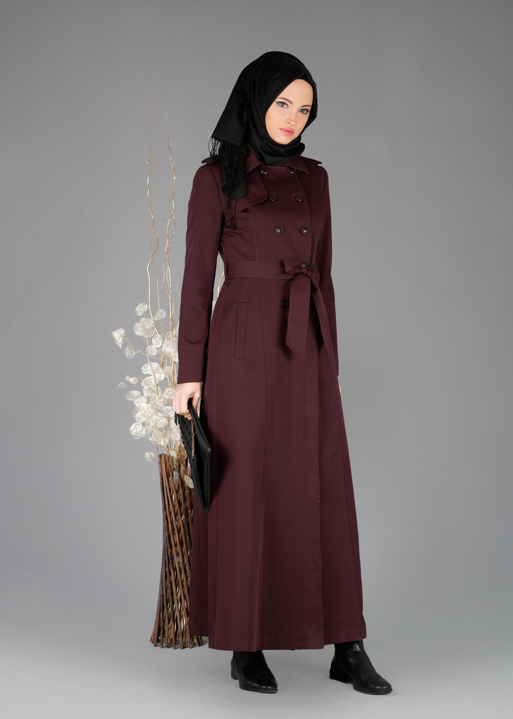 Tesettür giyim BORDO  DÜĞMELİ KUŞAKLI PARDESÜ 1918