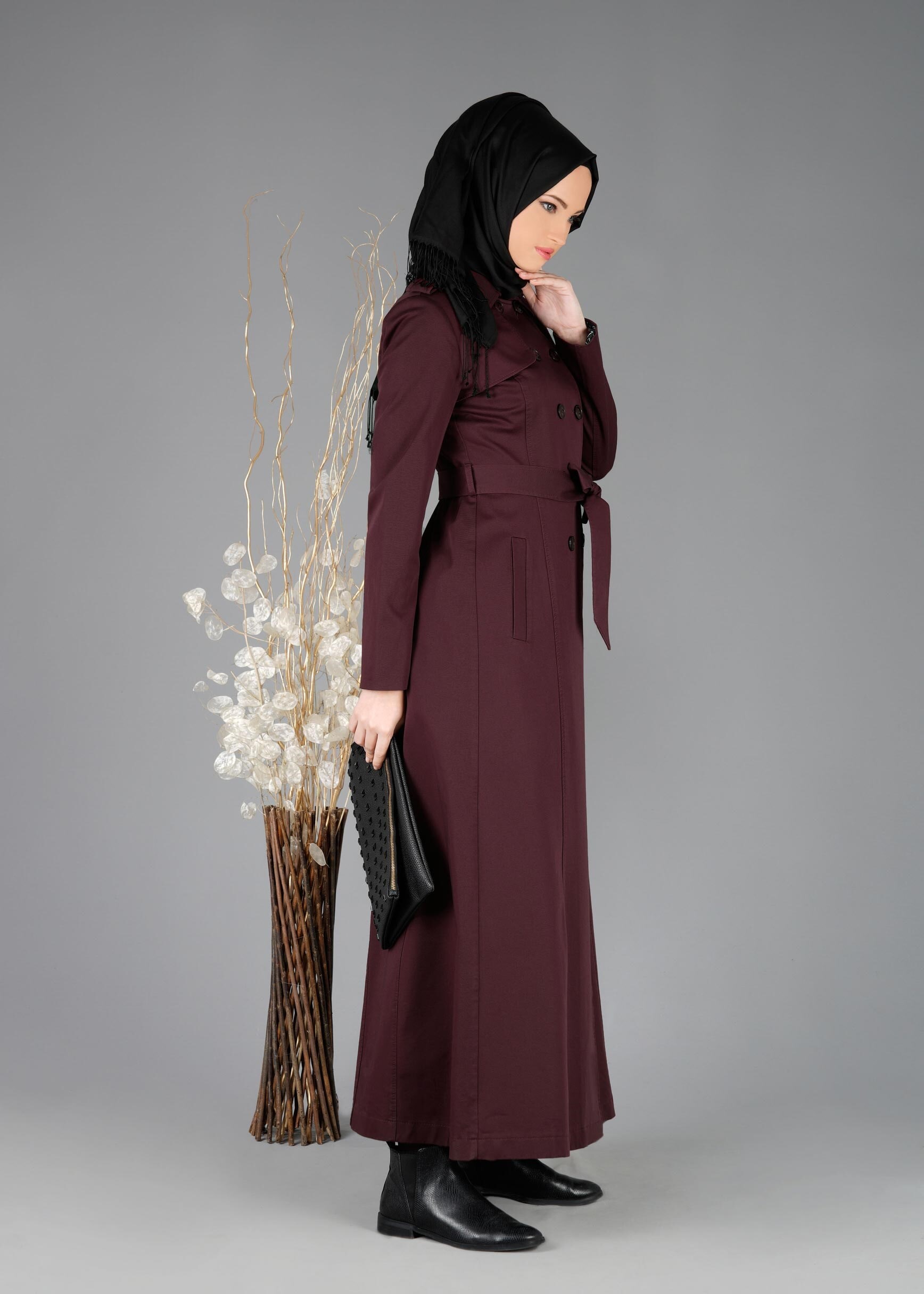 Tesettür giyim BORDO  DÜĞMELİ KUŞAKLI PARDESÜ 1918