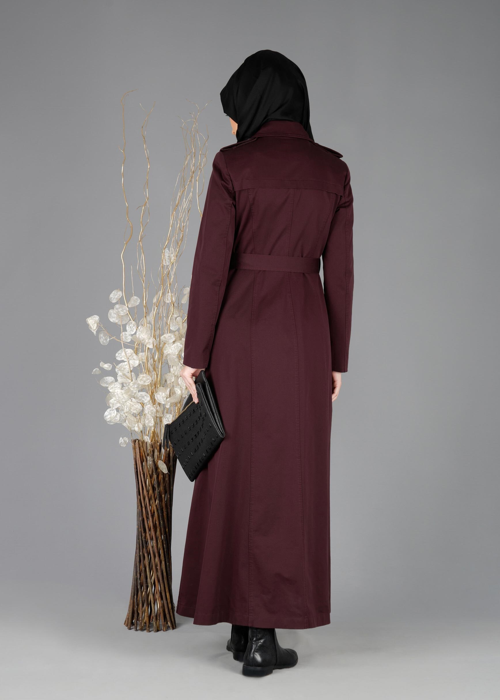 Tesettür giyim BORDO  DÜĞMELİ KUŞAKLI PARDESÜ 1918