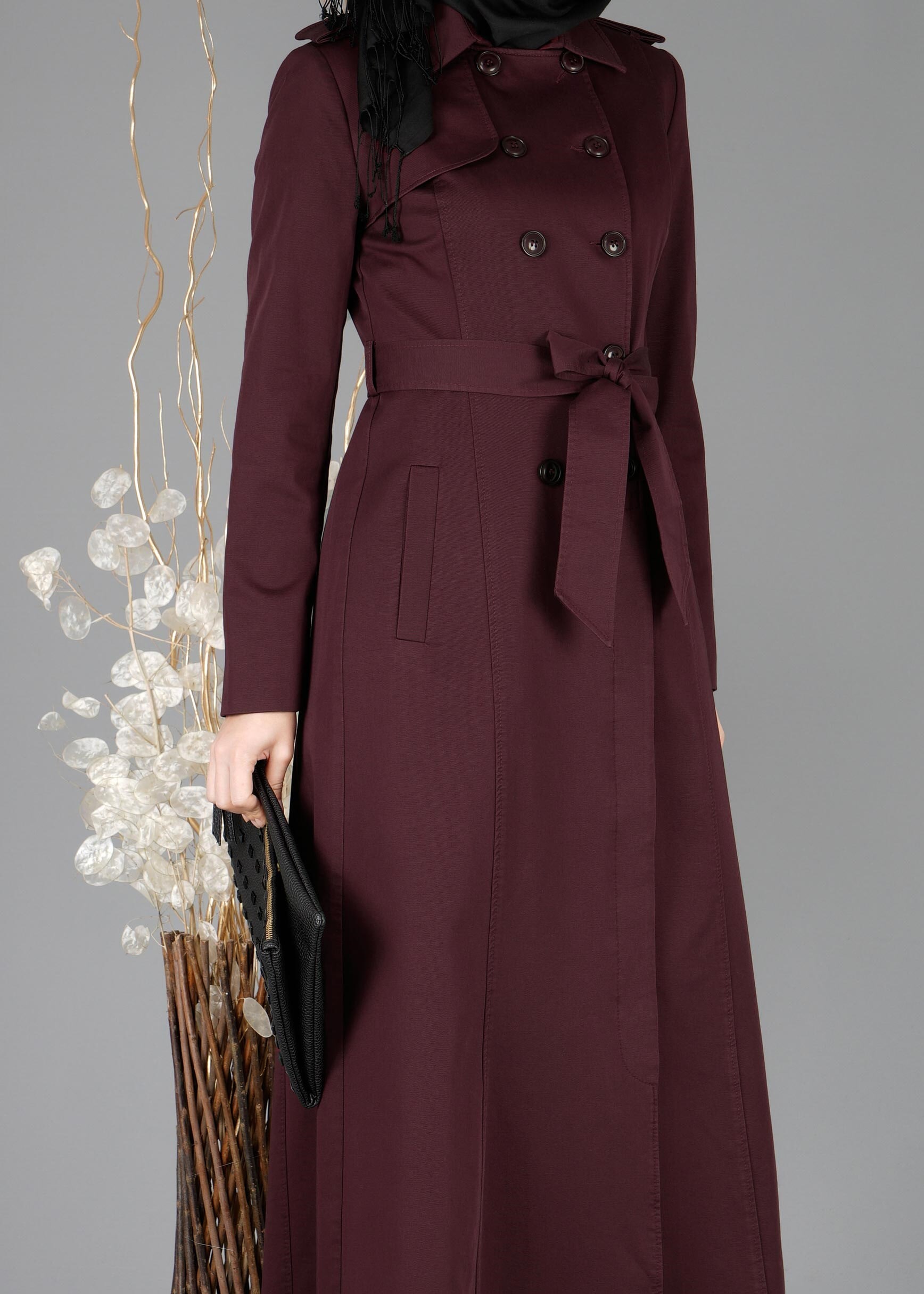 Tesettür giyim BORDO  DÜĞMELİ KUŞAKLI PARDESÜ 1918