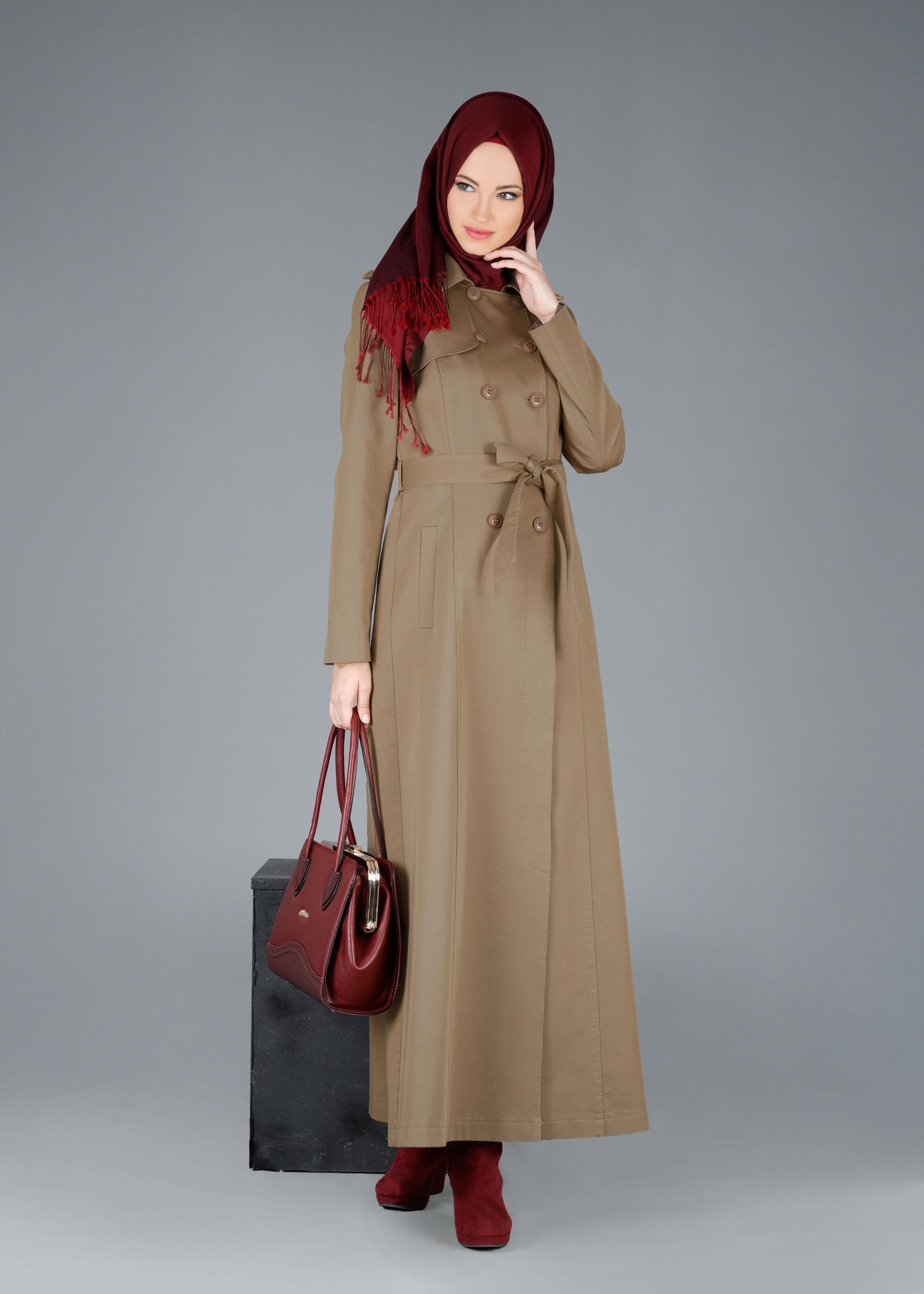 Tesettür giyim KAHVE  DÜĞMELİ KUŞAKLI PARDESÜ 1918