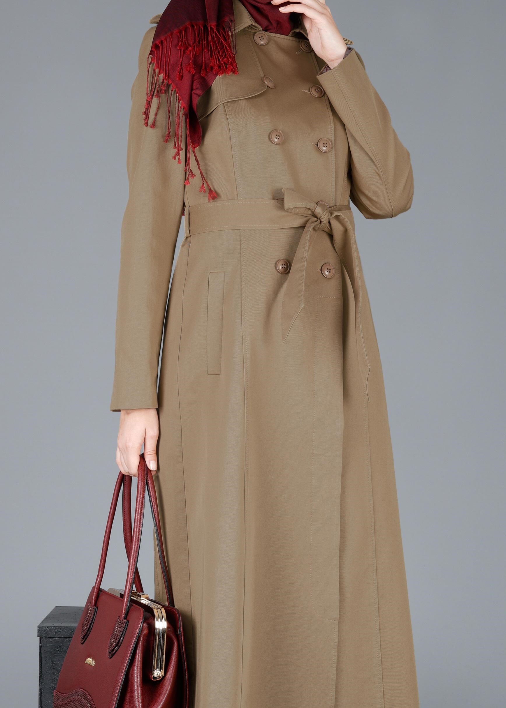 Tesettür giyim KAHVE  DÜĞMELİ KUŞAKLI PARDESÜ 1918