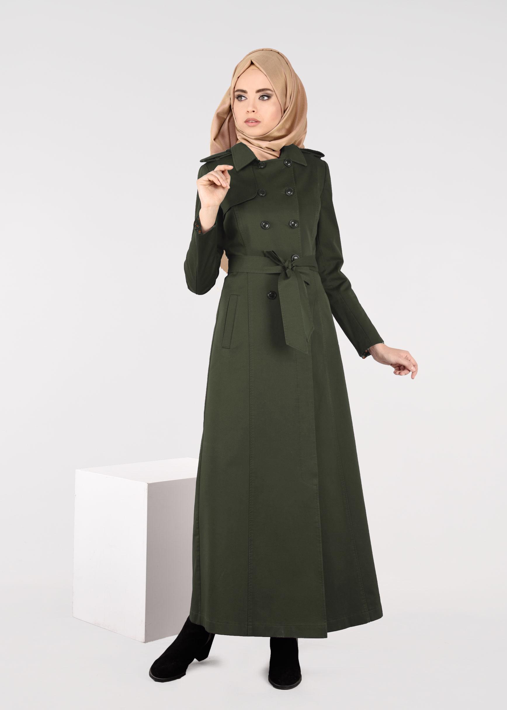 Tesettür giyim HAKİ  DÜĞMELİ KUŞAKLI PARDESÜ 1918
