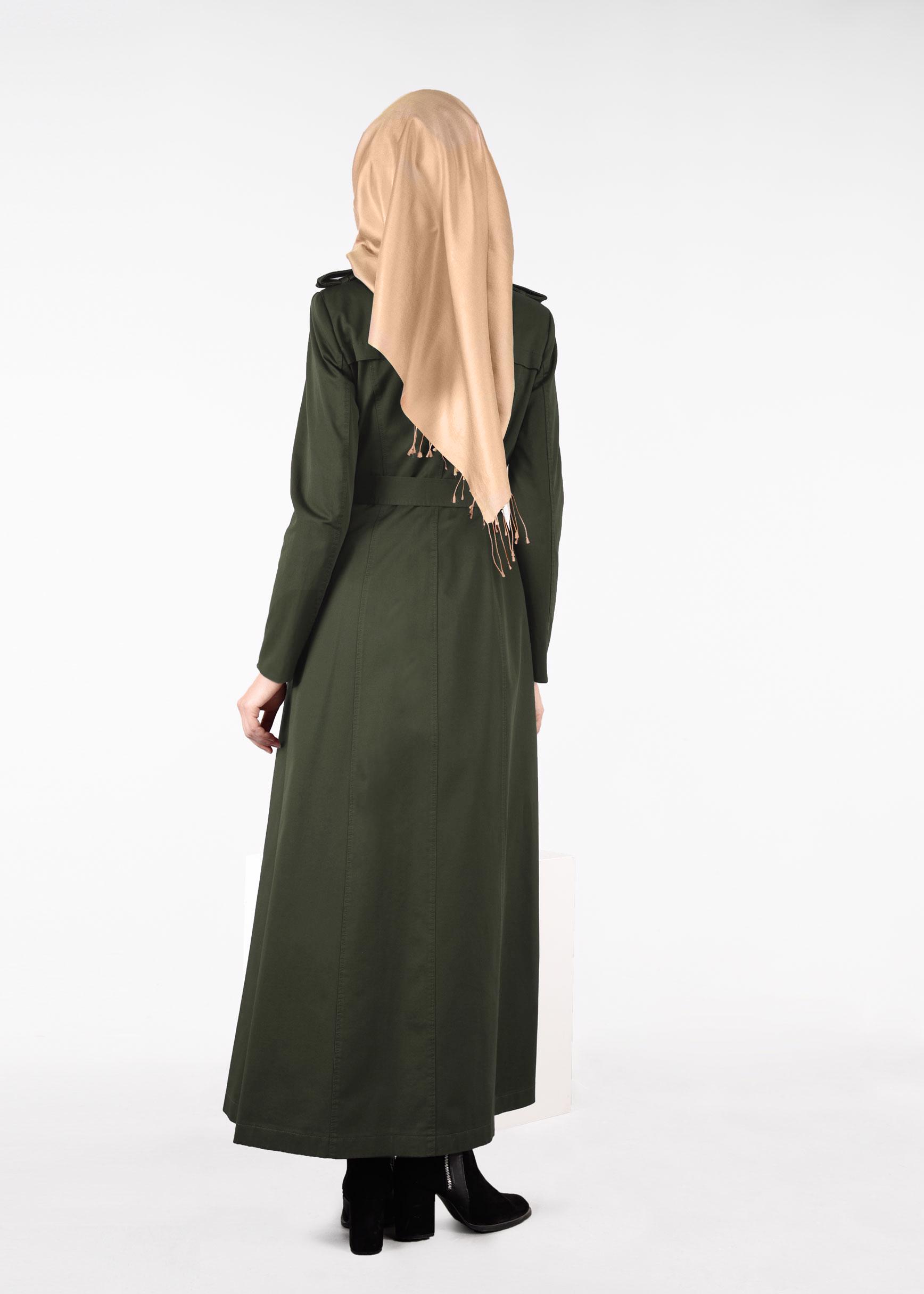 Tesettür giyim HAKİ  DÜĞMELİ KUŞAKLI PARDESÜ 1918