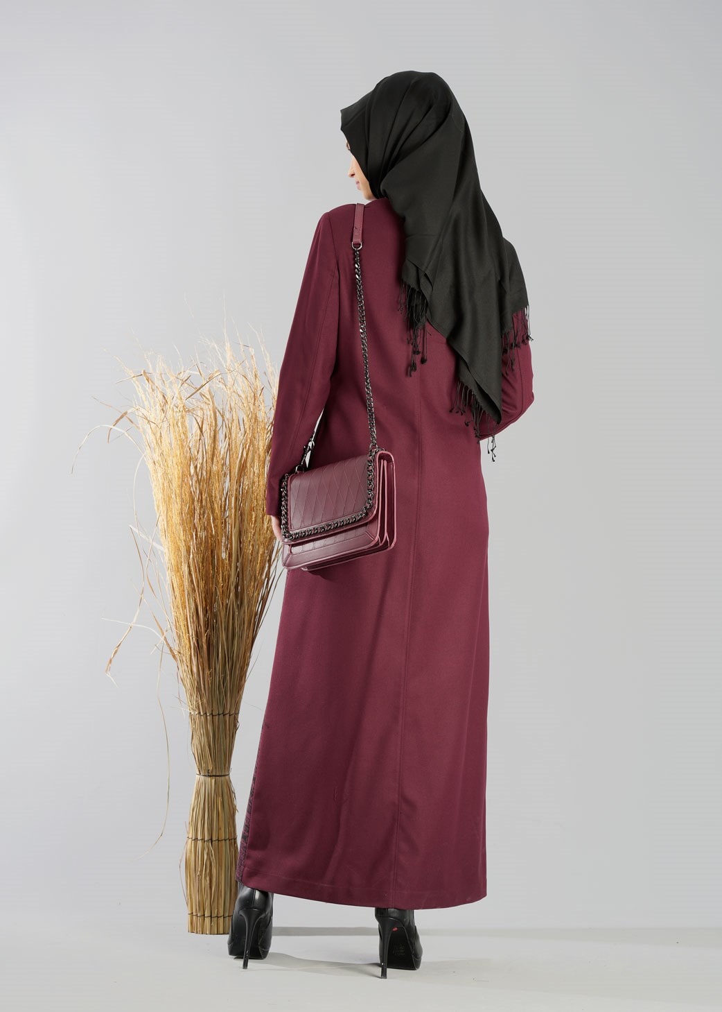 Tesettür giyim BORDO ETNİK DESENLİ PARDESÜ 1922