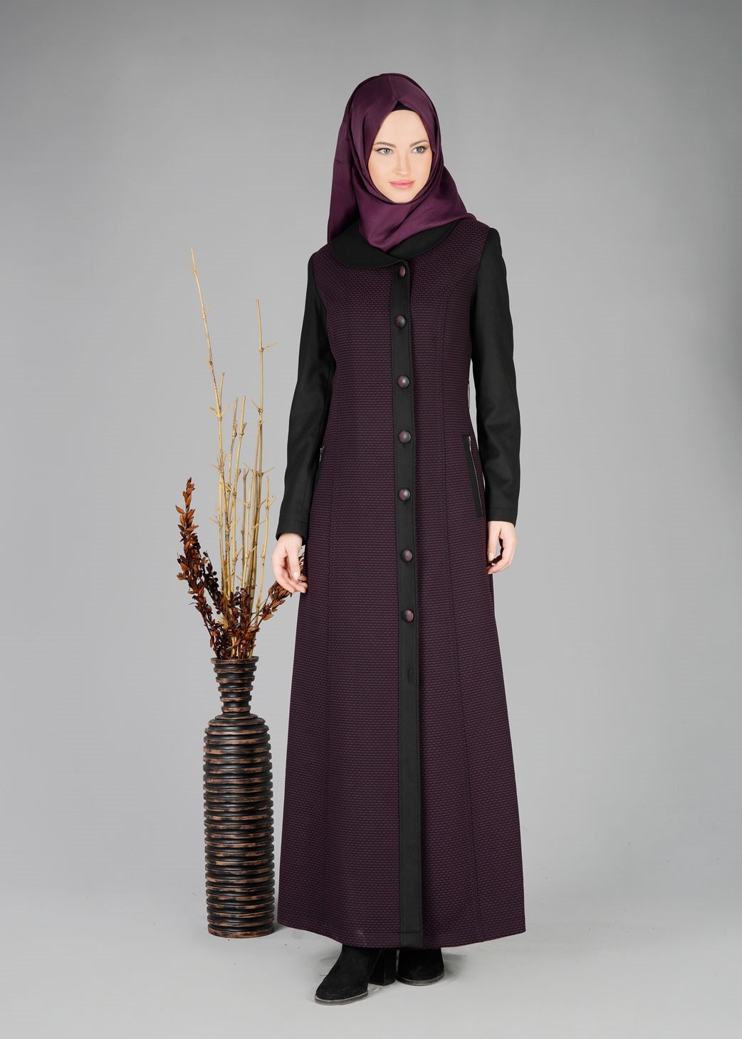 Tesettür giyim MÜRDÜM DESENLİ DÜĞMELİ PARDESÜ 1934