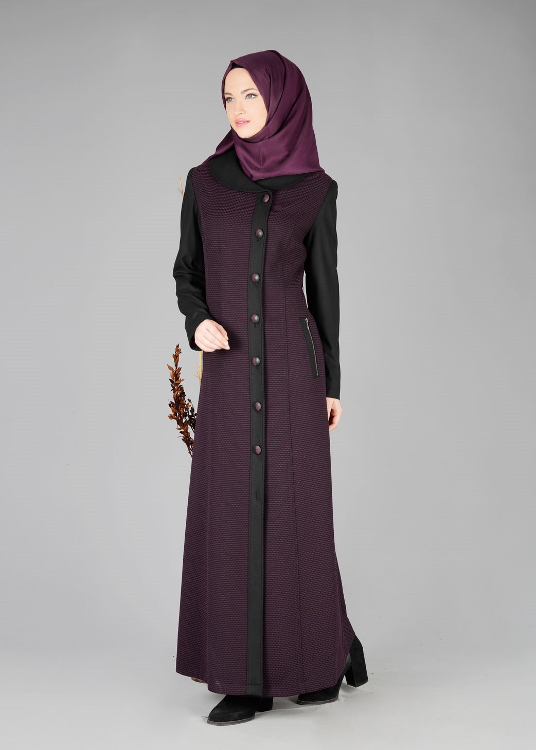 Tesettür giyim MÜRDÜM DESENLİ DÜĞMELİ PARDESÜ 1934