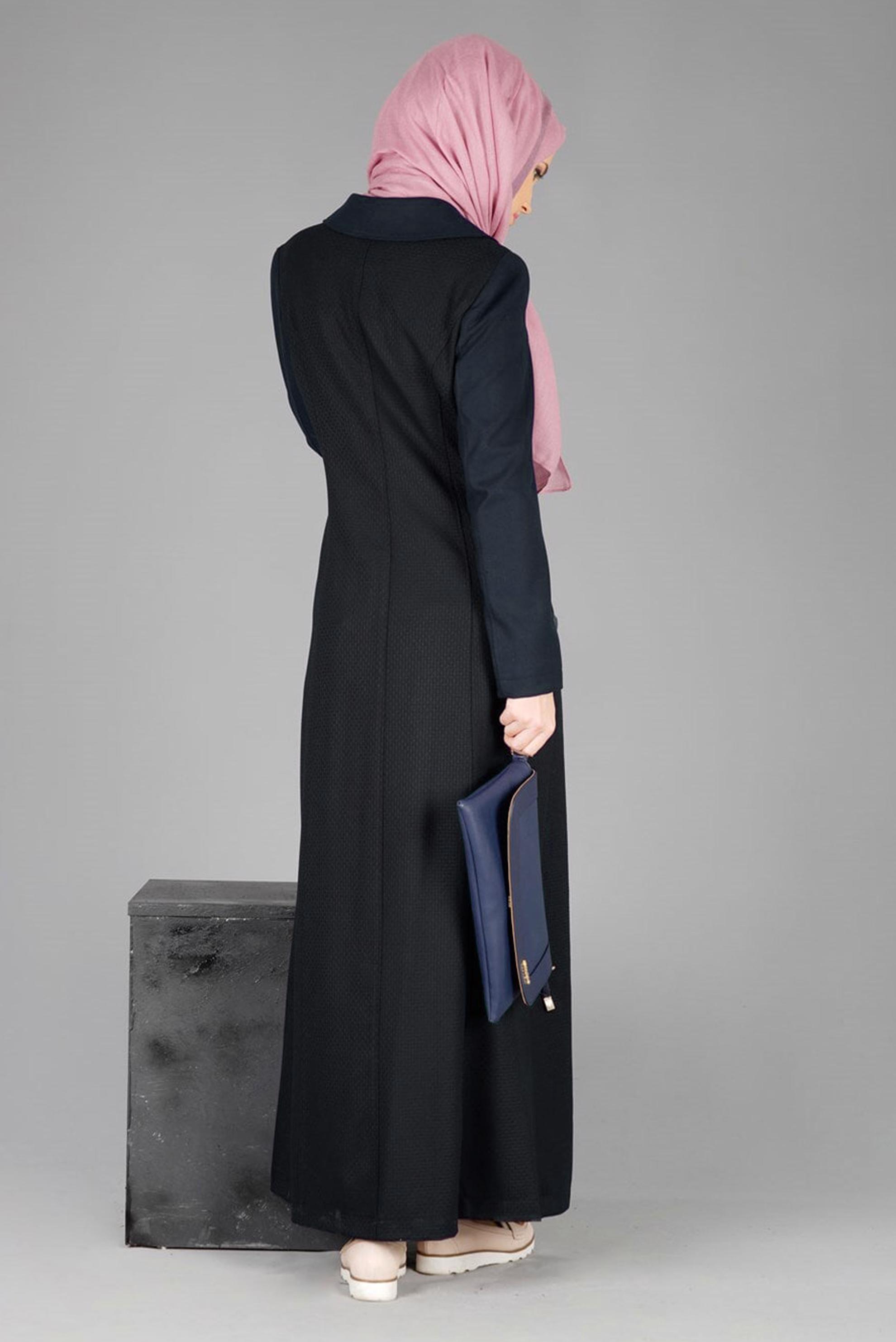 Tesettür giyim LACİVERT DESENLİ DÜĞMELİ PARDESÜ 1934