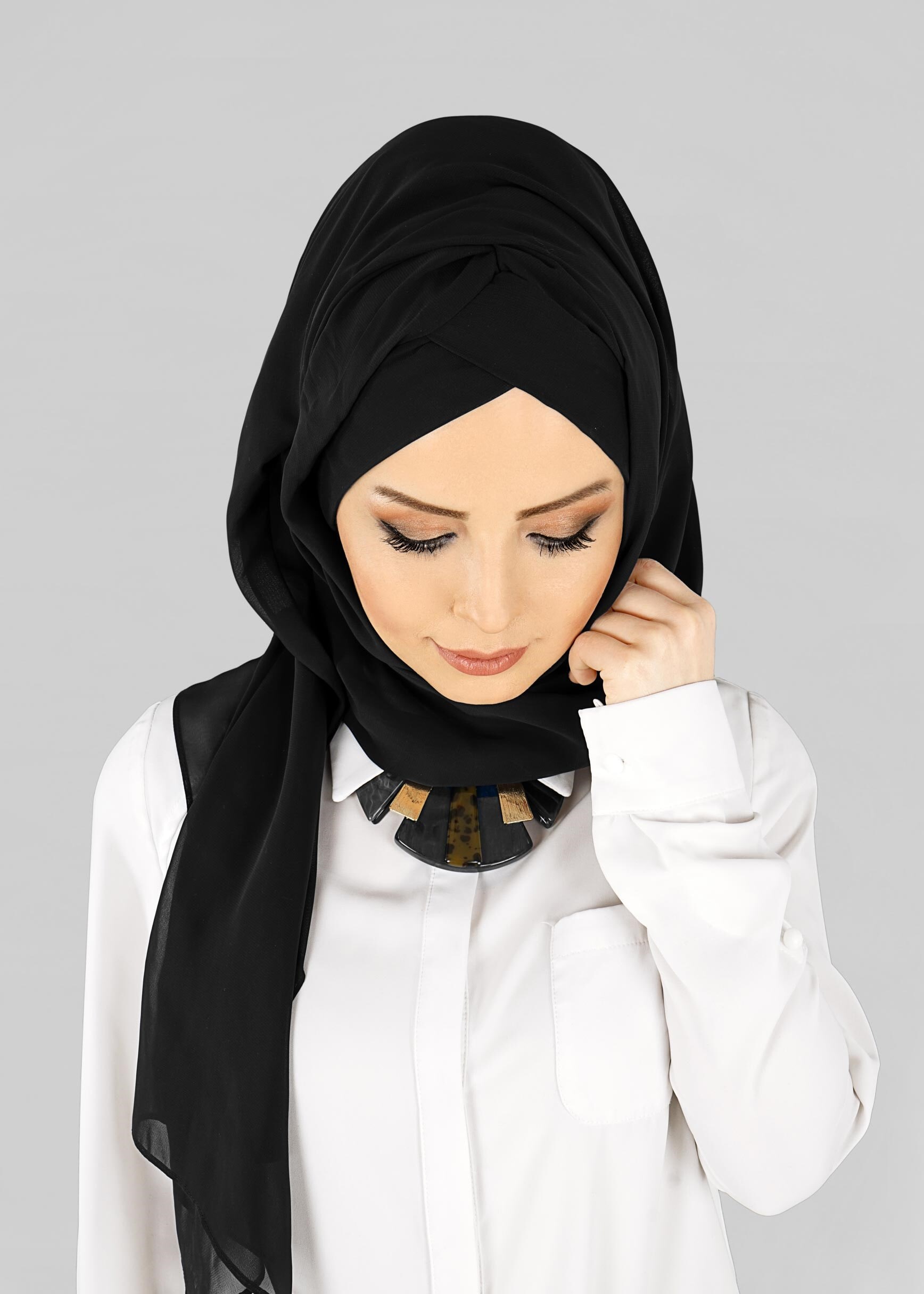 Tesettür giyim SİYAH 9827 ALVİNA HAZIR TOPUZLU ŞAL