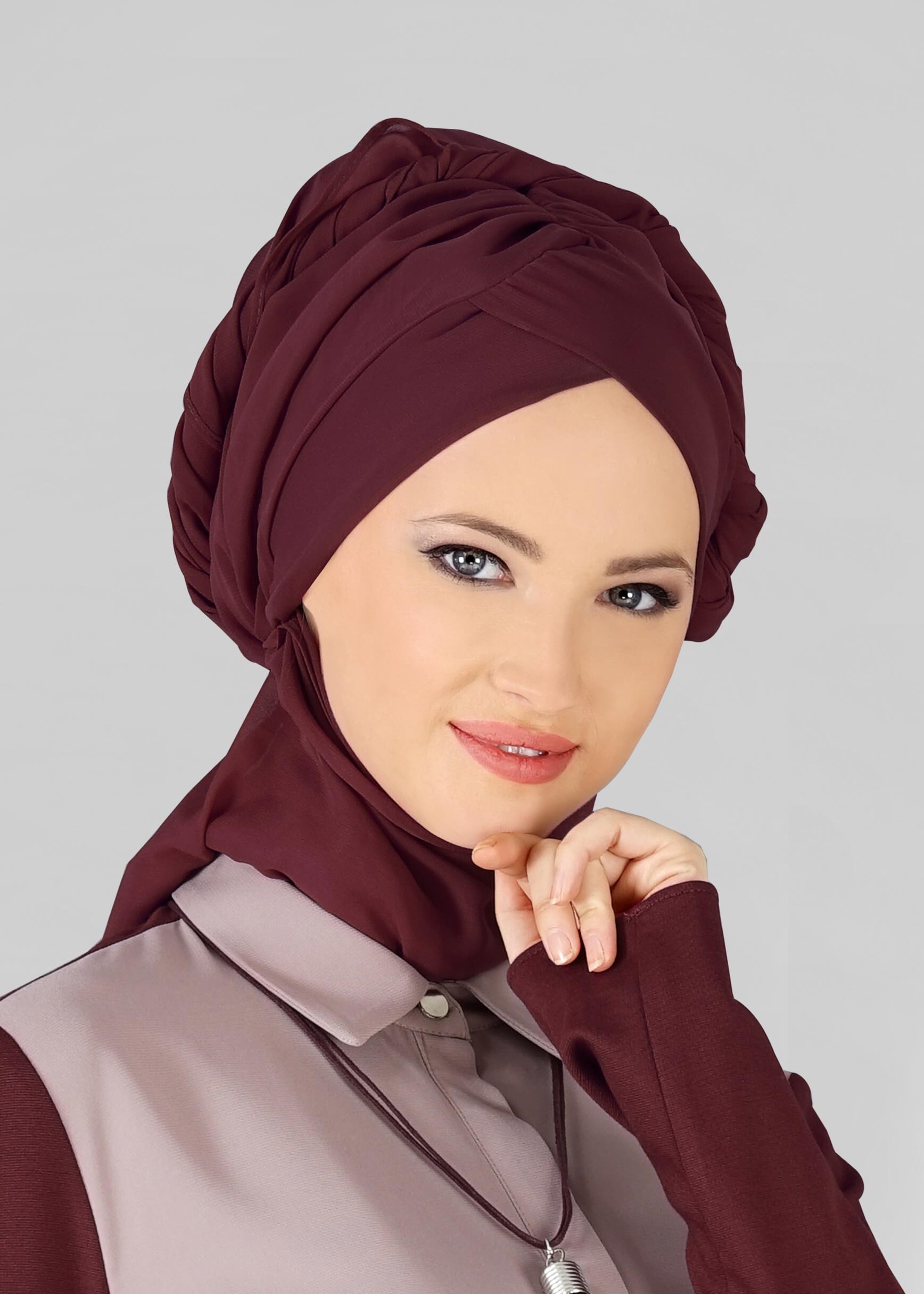 Tesettür giyim BORDO 9827 ALVİNA HAZIR TOPUZLU ŞAL