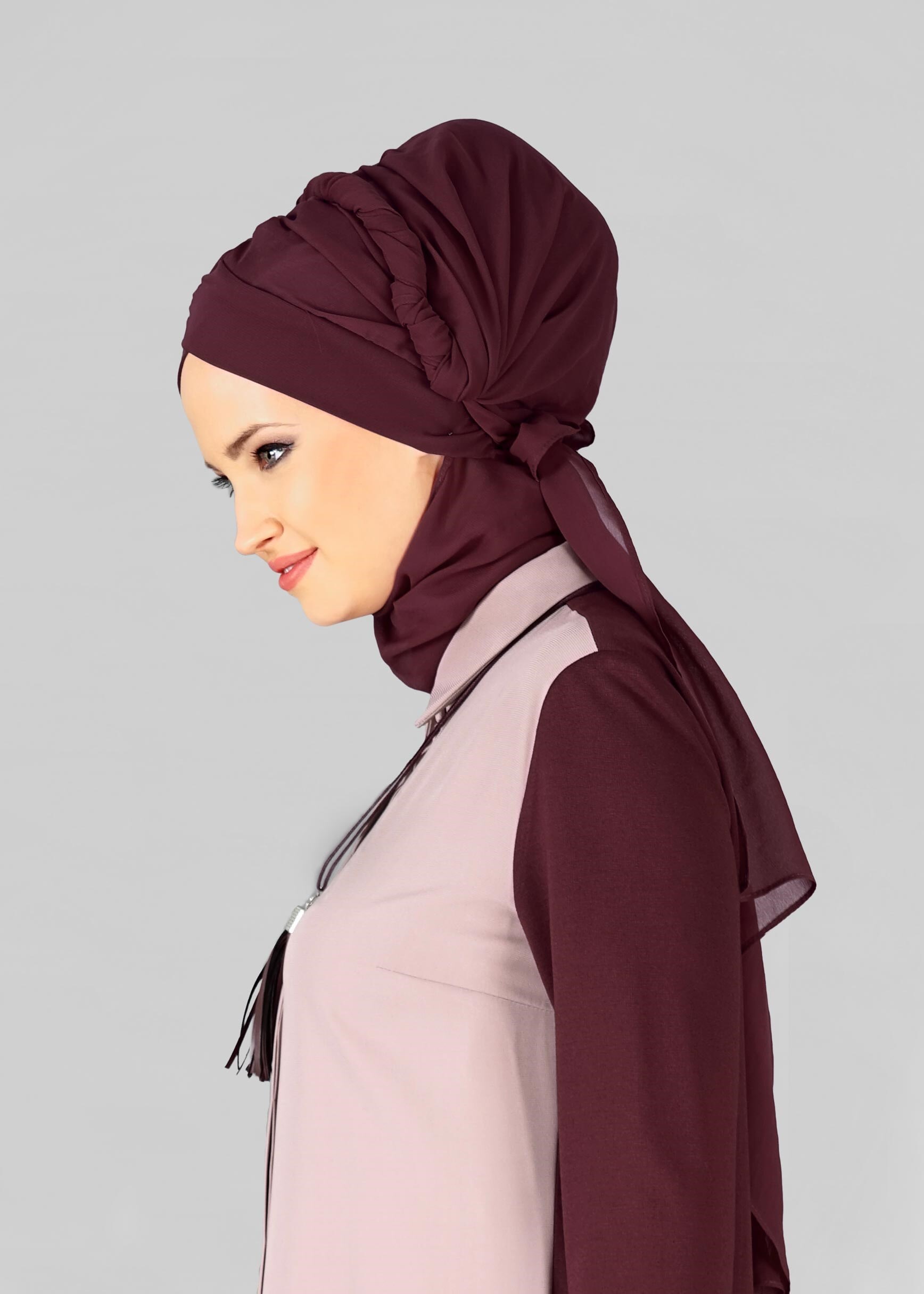 Tesettür giyim BORDO 9827 ALVİNA HAZIR TOPUZLU ŞAL