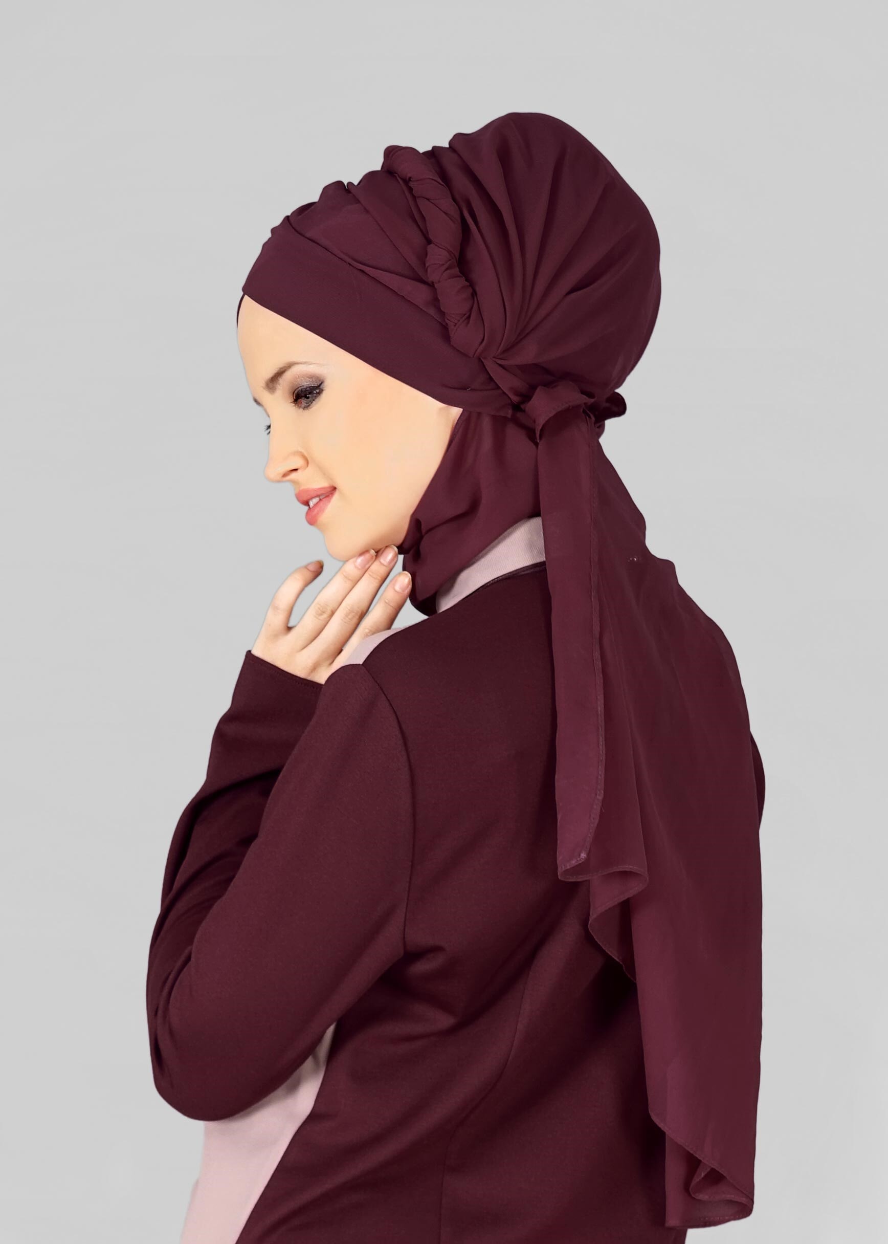Tesettür giyim BORDO 9827 ALVİNA HAZIR TOPUZLU ŞAL