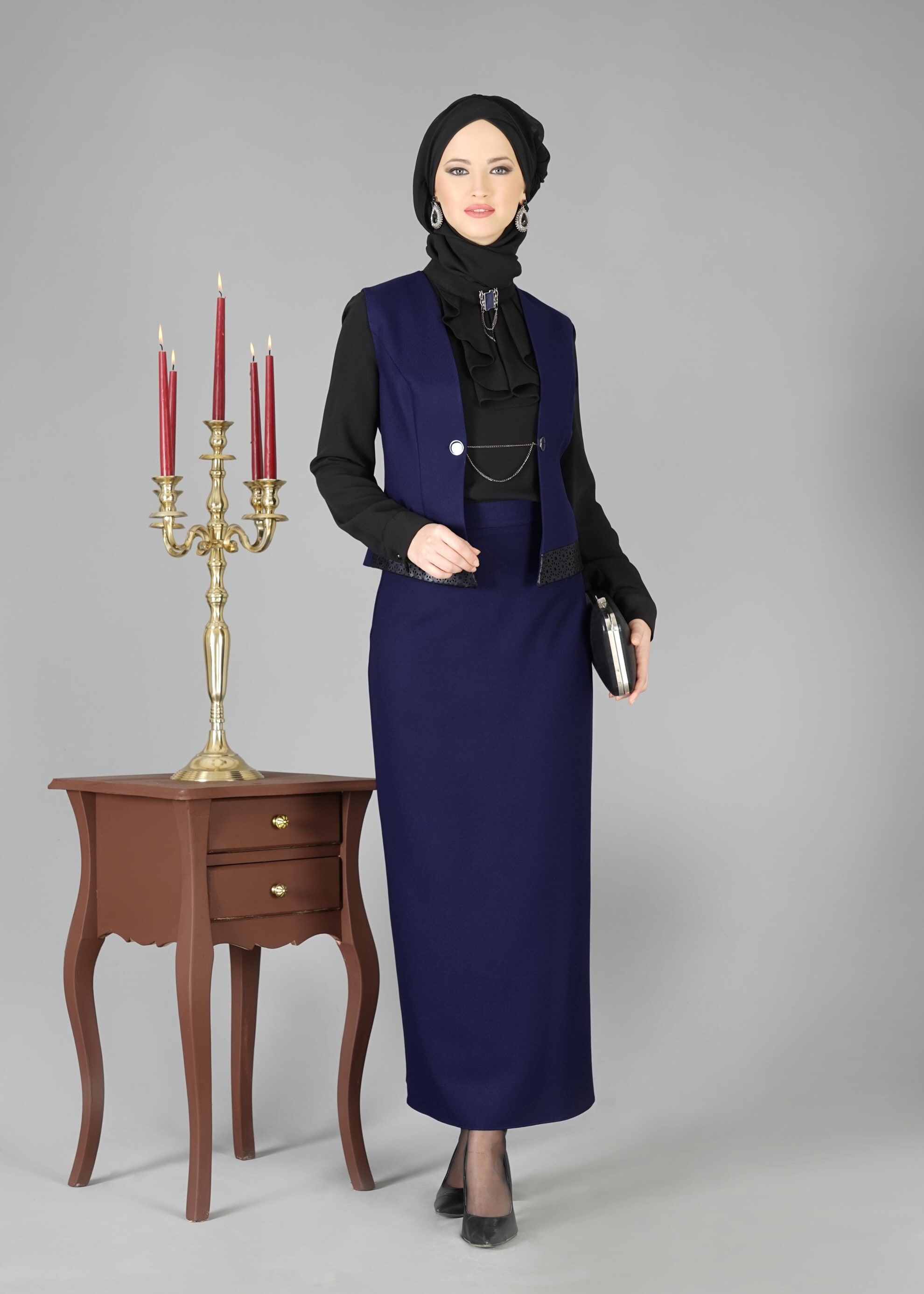Tesettür giyim LACİVERT 3323E ETEKLİ TAKIM