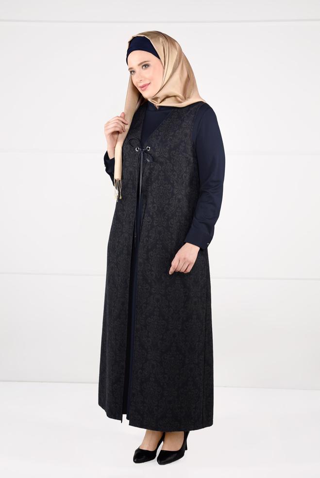 Hijab clothing NAVY BLUE PATTERNED DRESS SUIT 3322 - ALVİNA