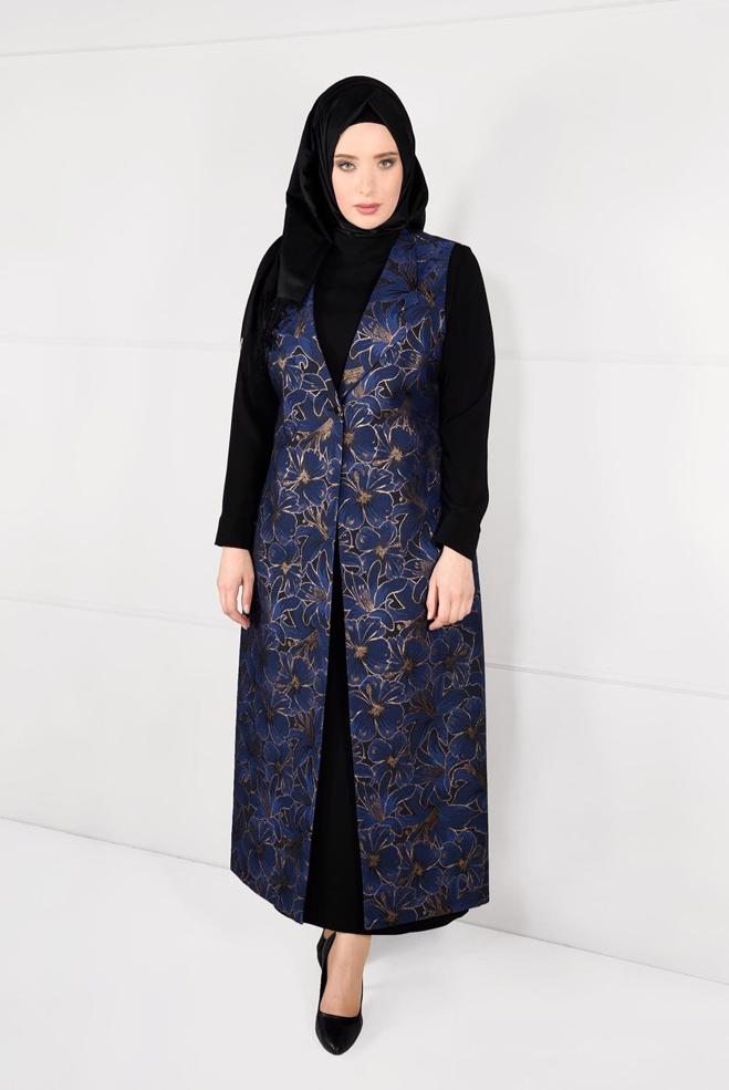 Hijab clothing NAVY BLUE PATTERNED DRESS SUIT 3343 - ALVİNA