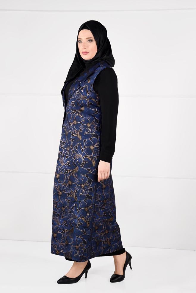 Hijab clothing NAVY BLUE PATTERNED DRESS SUIT 3343 - ALVİNA