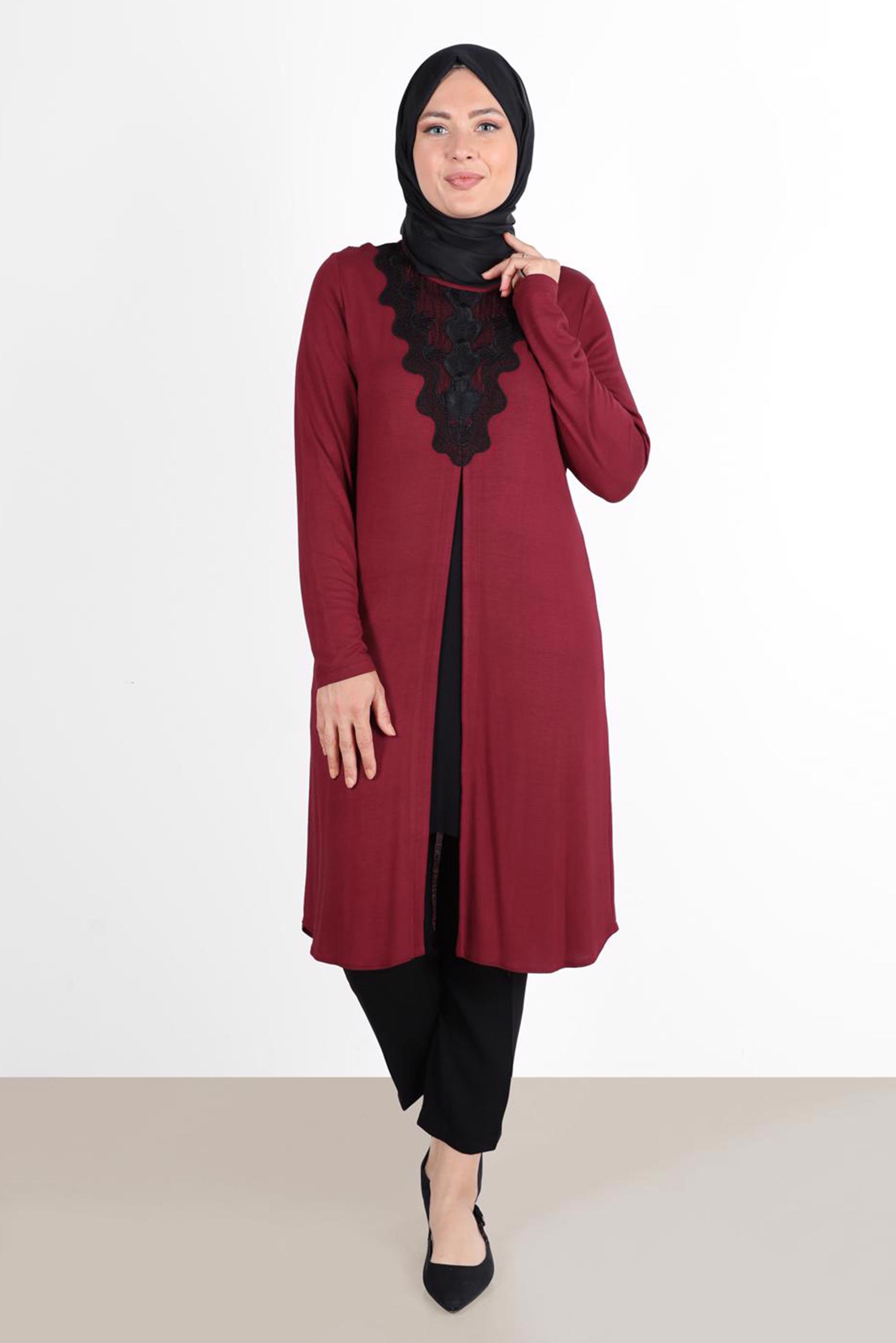 Tesettür giyim BORDO BÜYÜK BEDEN İŞLEMELİ TUNİK 2611