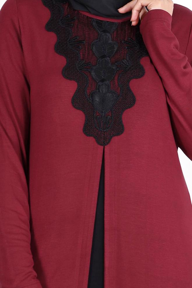 Tesettür giyim BORDO BÜYÜK BEDEN İŞLEMELİ TUNİK 2611 - ALVİNA