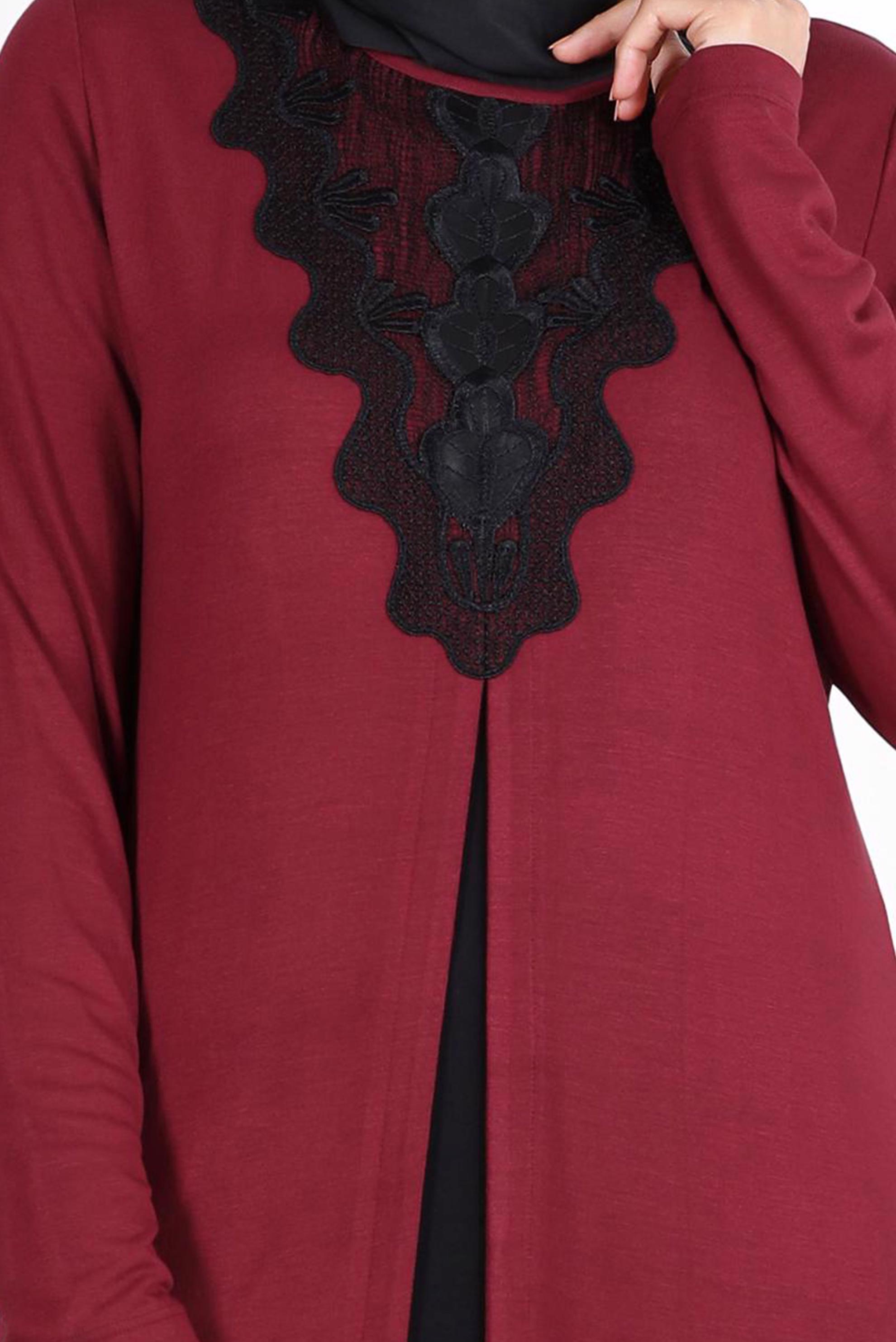 Tesettür giyim BORDO BÜYÜK BEDEN İŞLEMELİ TUNİK 2611