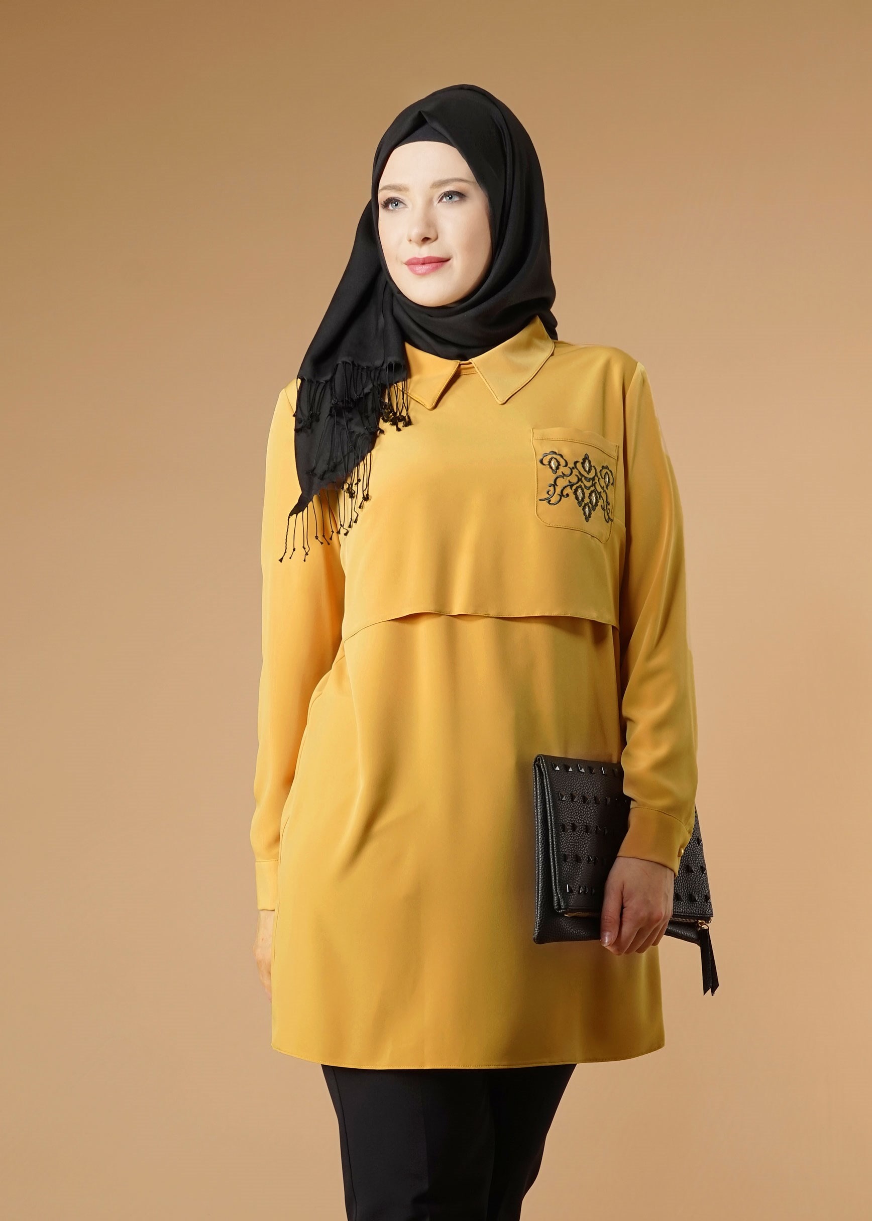 Tesettür giyim SARI NAKIŞLI TUNİK 2624 
