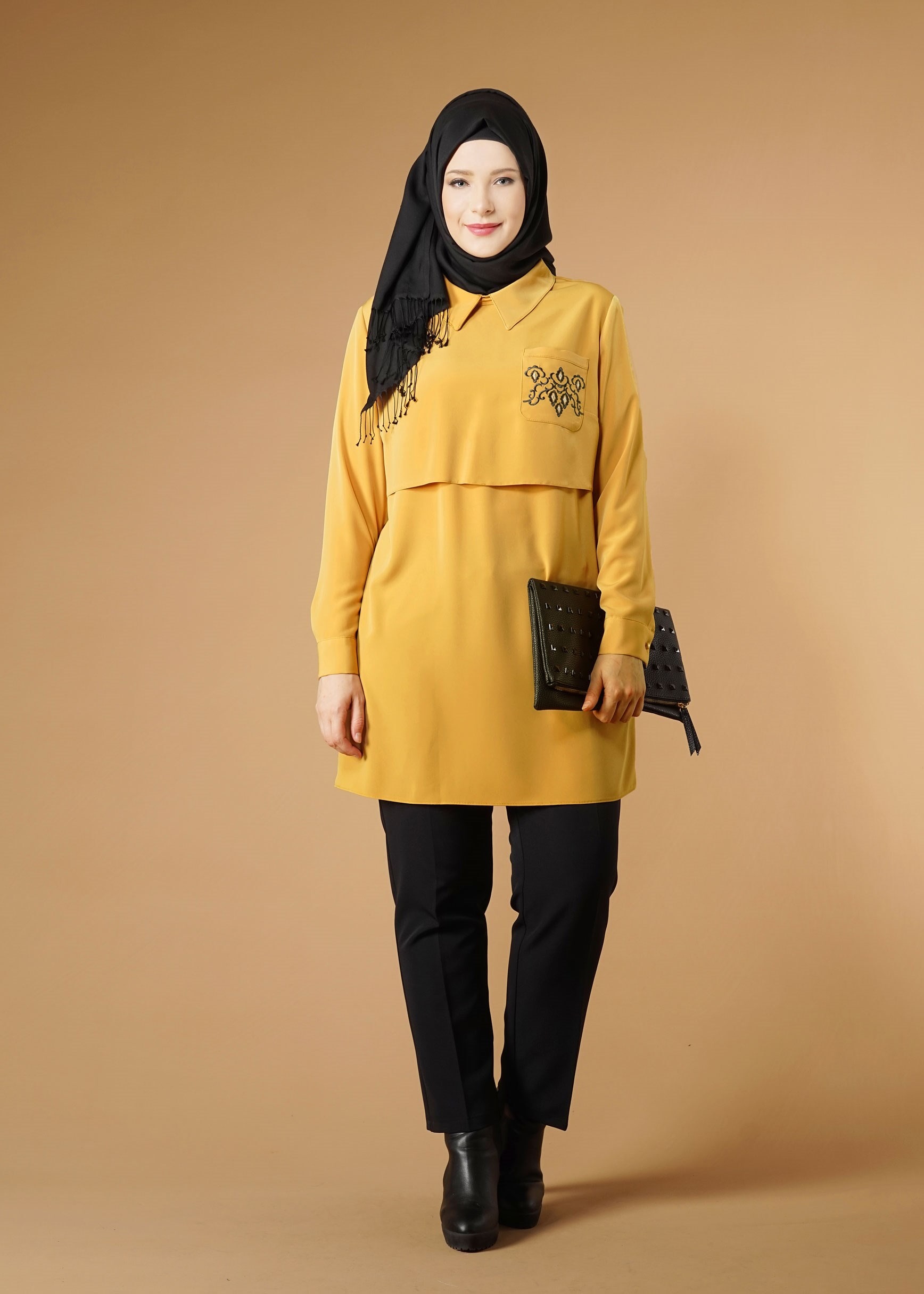 Tesettür giyim SARI NAKIŞLI TUNİK 2624 
