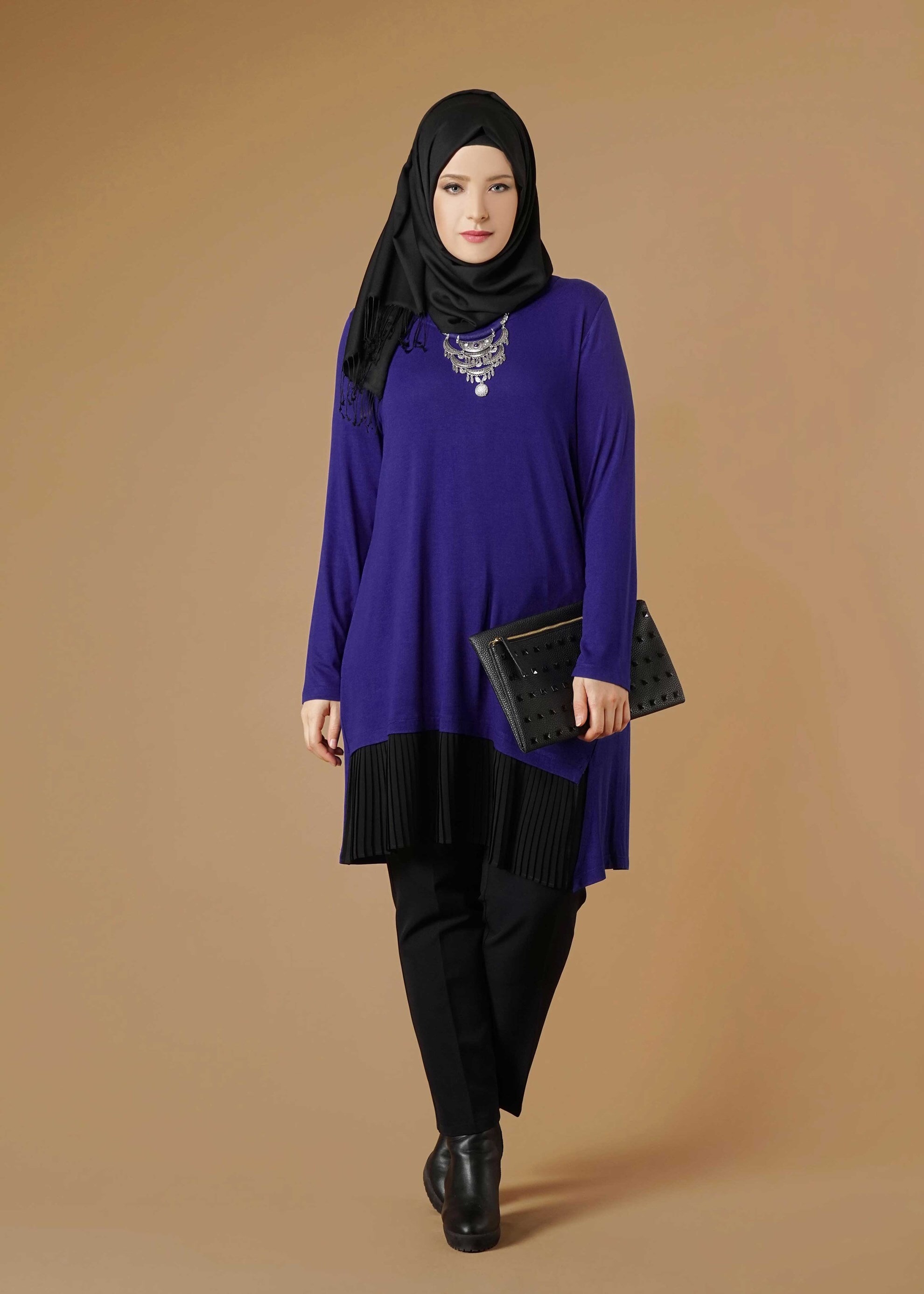 Tesettür giyim LACİVERT ETEK UCU PİLİSELİ TUNİK 2627 