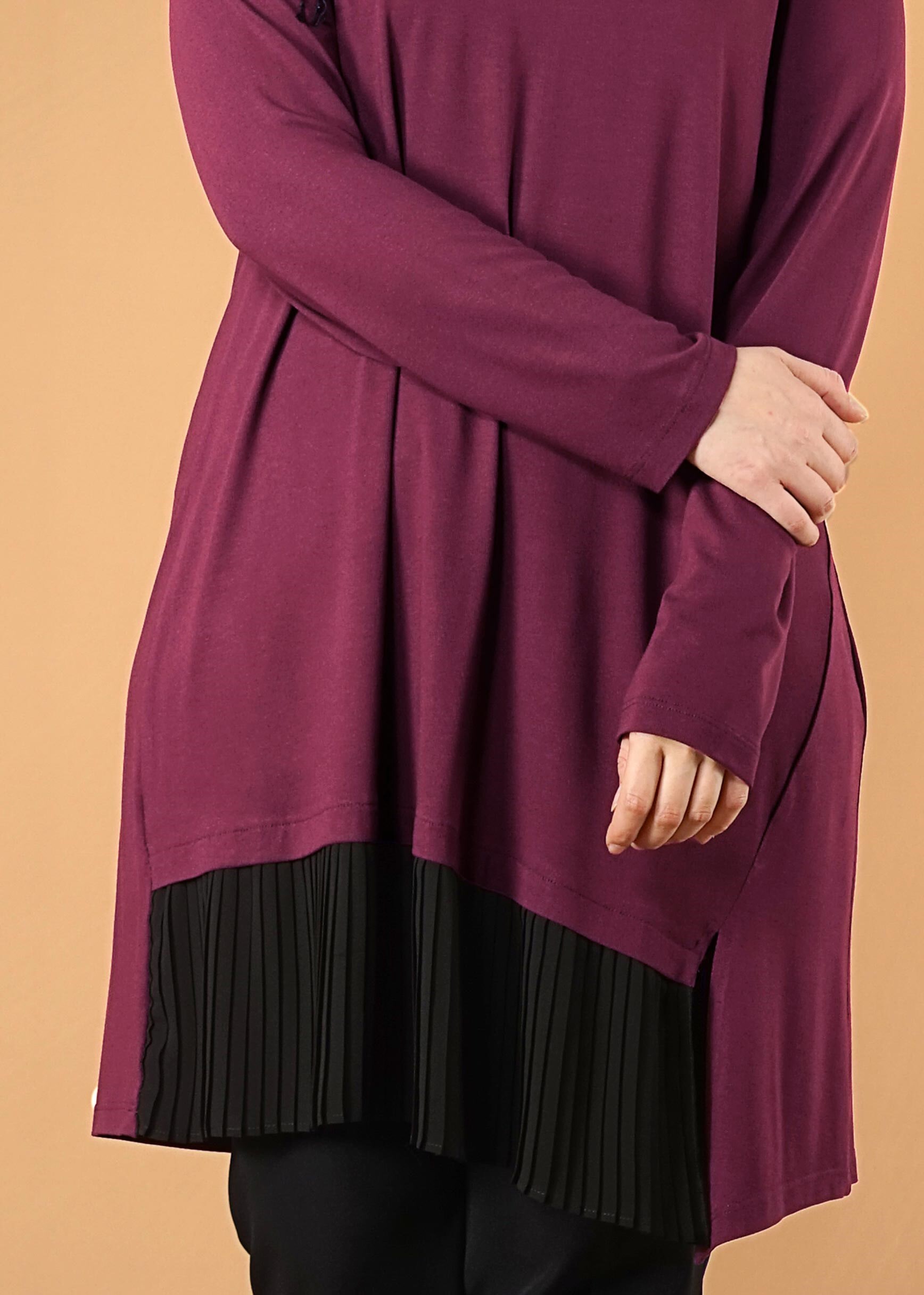 Tesettür giyim MOR ETEK UCU PİLİSELİ TUNİK 2627 