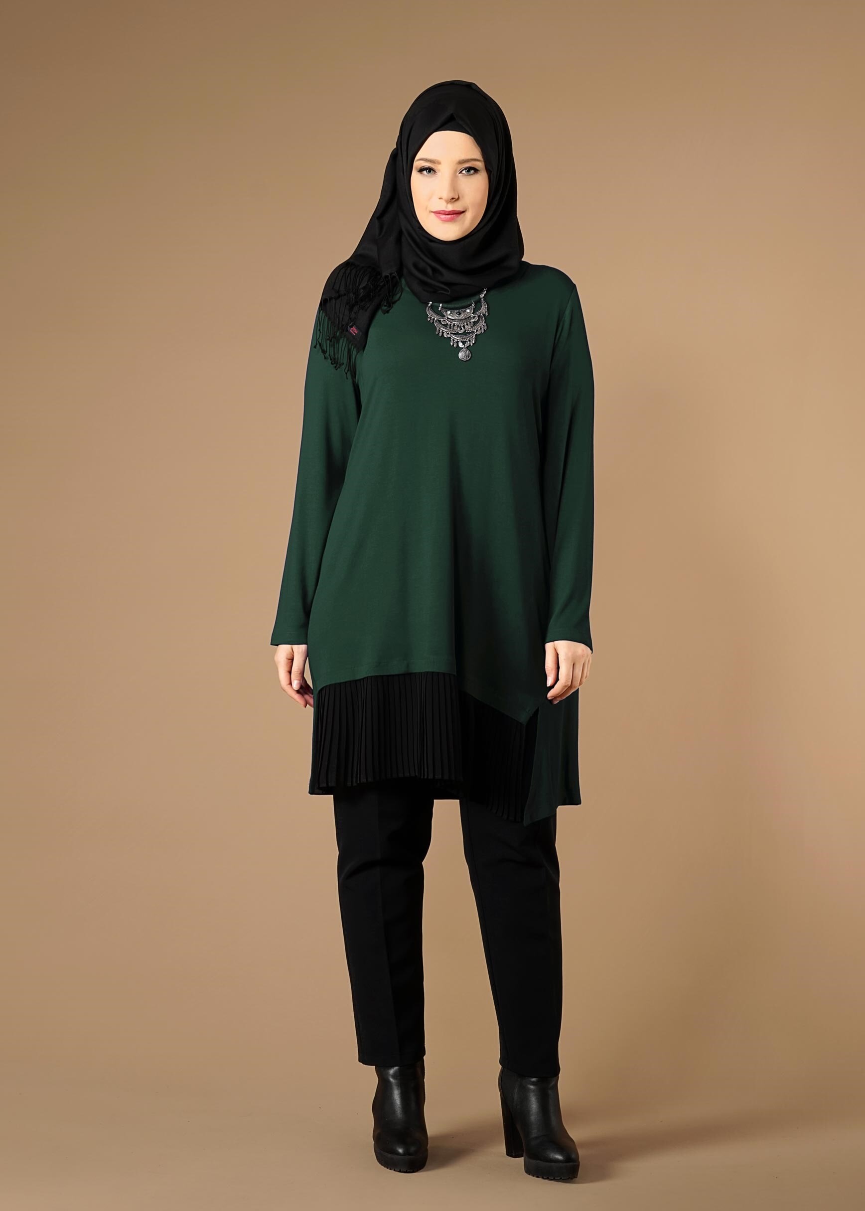 Tesettür giyim YEŞİL ETEK UCU PİLİSELİ TUNİK 2627 
