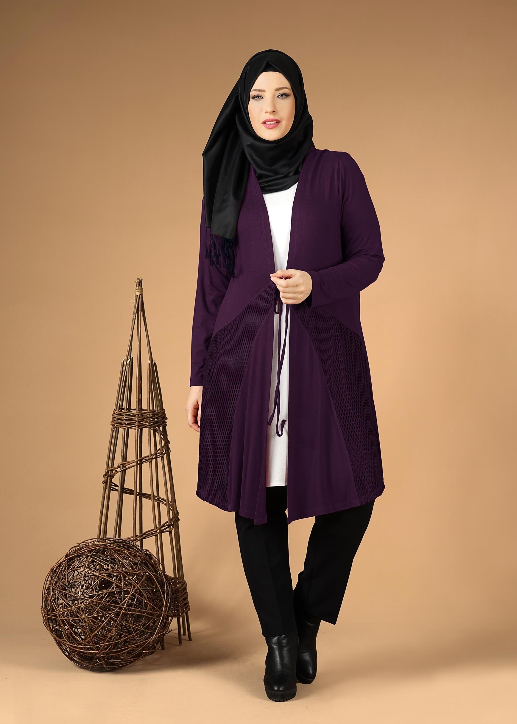 Tesettür giyim MOR FİLELİ ÖNDEN BAĞLAMALI TUNİK 2628 