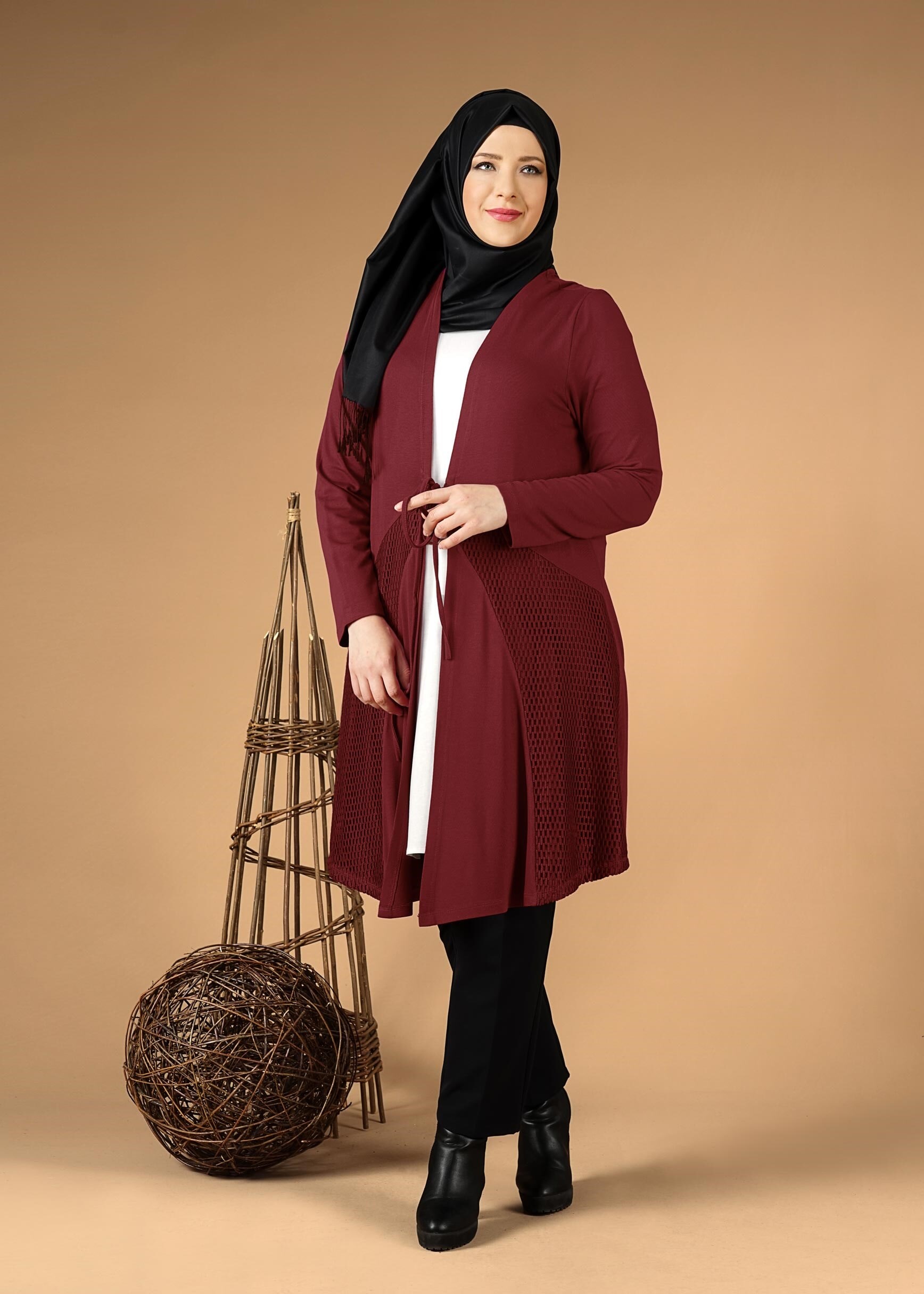 Tesettür giyim BORDO FİLELİ ÖNDEN BAĞLAMALI TUNİK 2628 