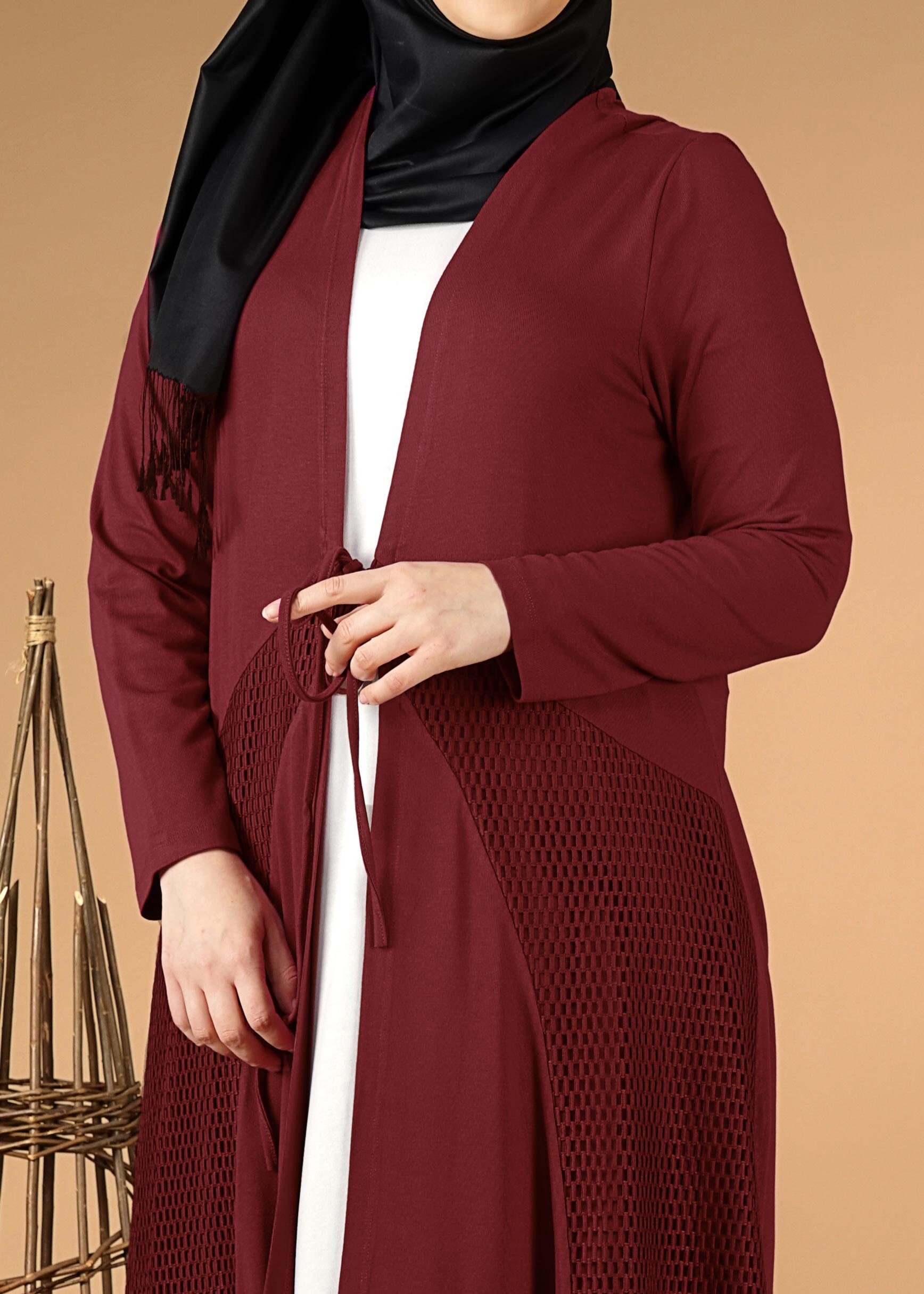 Tesettür giyim BORDO FİLELİ ÖNDEN BAĞLAMALI TUNİK 2628 