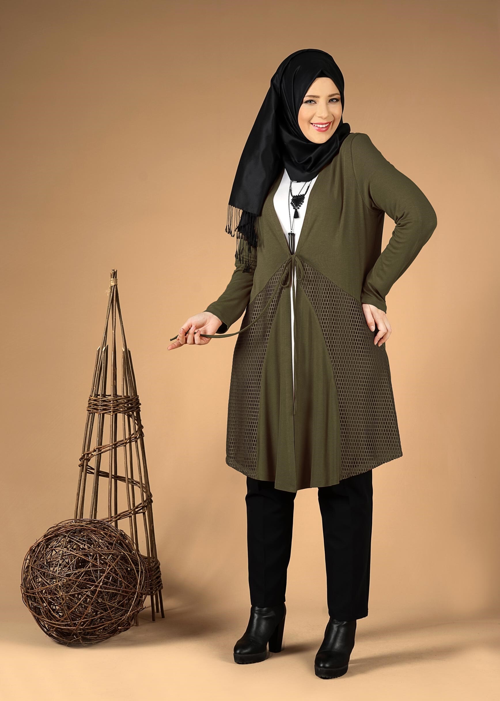 Tesettür giyim HAKİ FİLELİ ÖNDEN BAĞLAMALI TUNİK 2628 