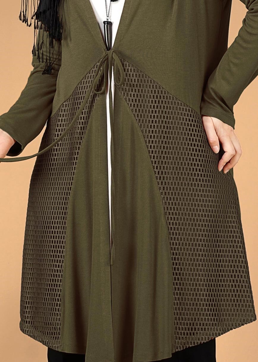 Tesettür giyim HAKİ FİLELİ ÖNDEN BAĞLAMALI TUNİK 2628 