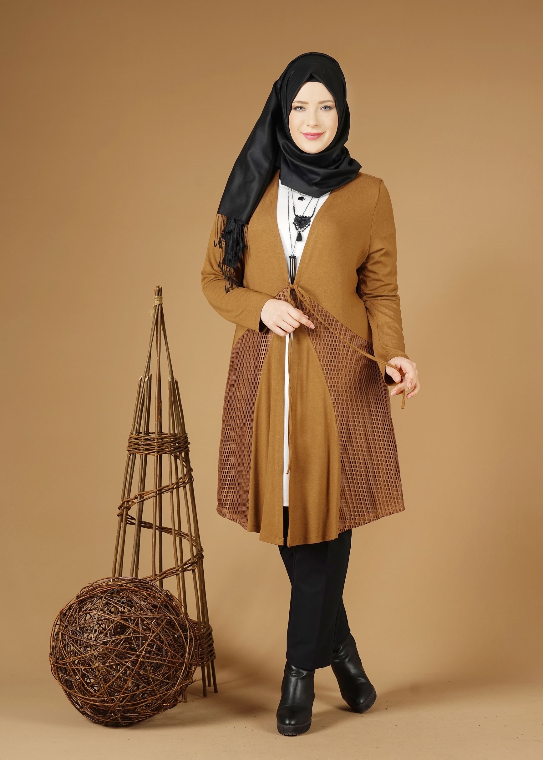 Tesettür giyim TABA FİLELİ ÖNDEN BAĞLAMALI TUNİK 2628 