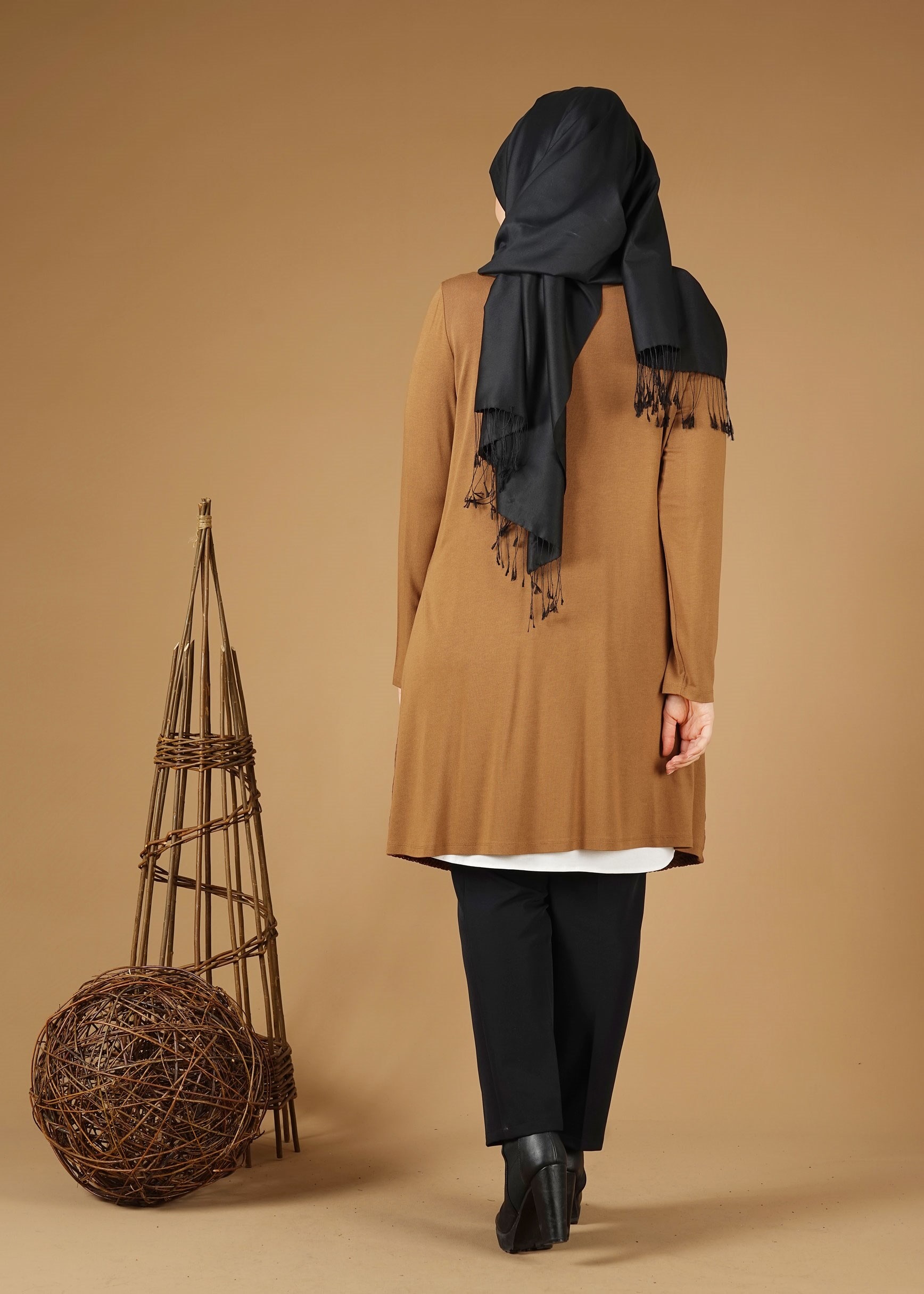 Tesettür giyim TABA FİLELİ ÖNDEN BAĞLAMALI TUNİK 2628 