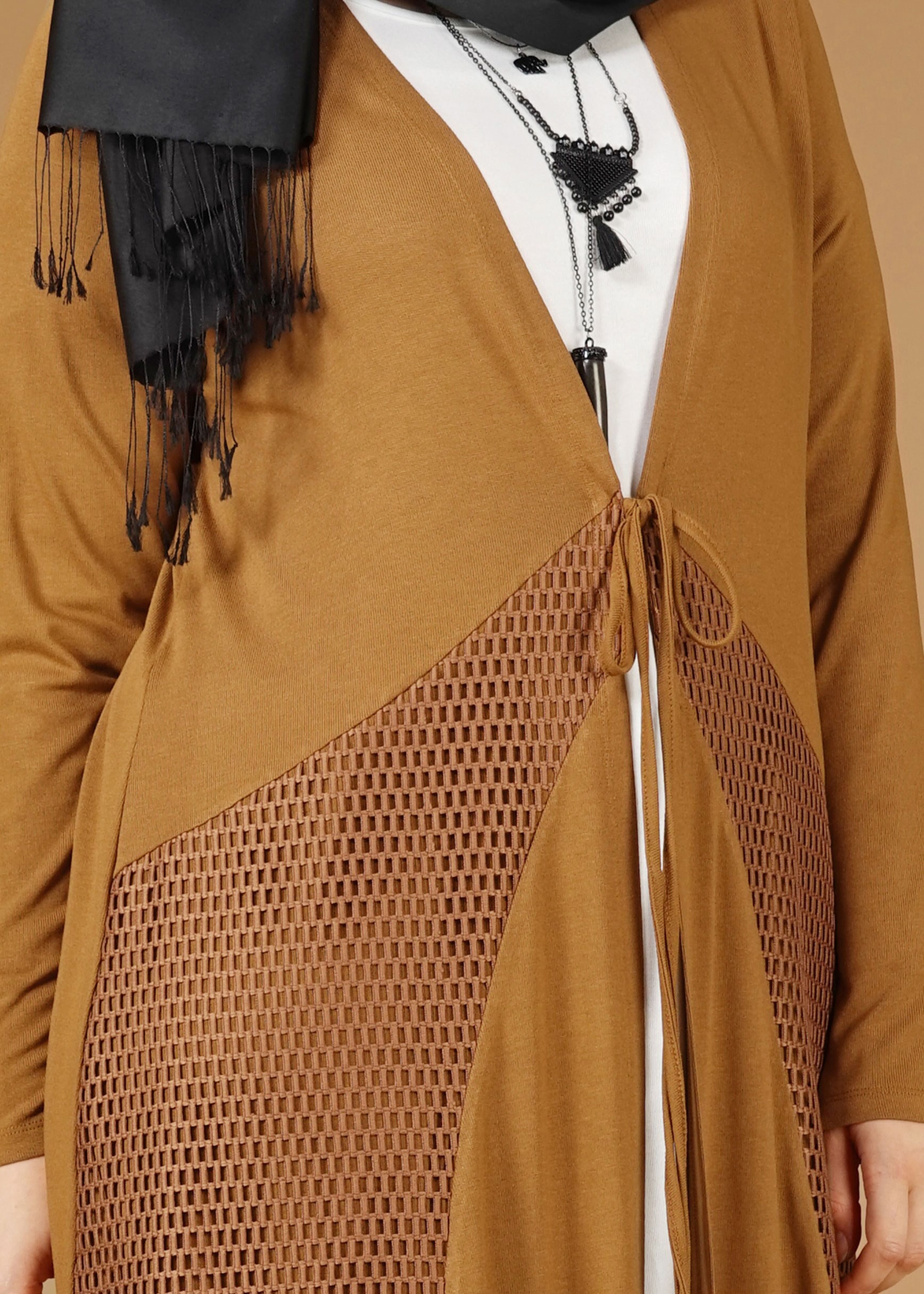 Tesettür giyim TABA FİLELİ ÖNDEN BAĞLAMALI TUNİK 2628 