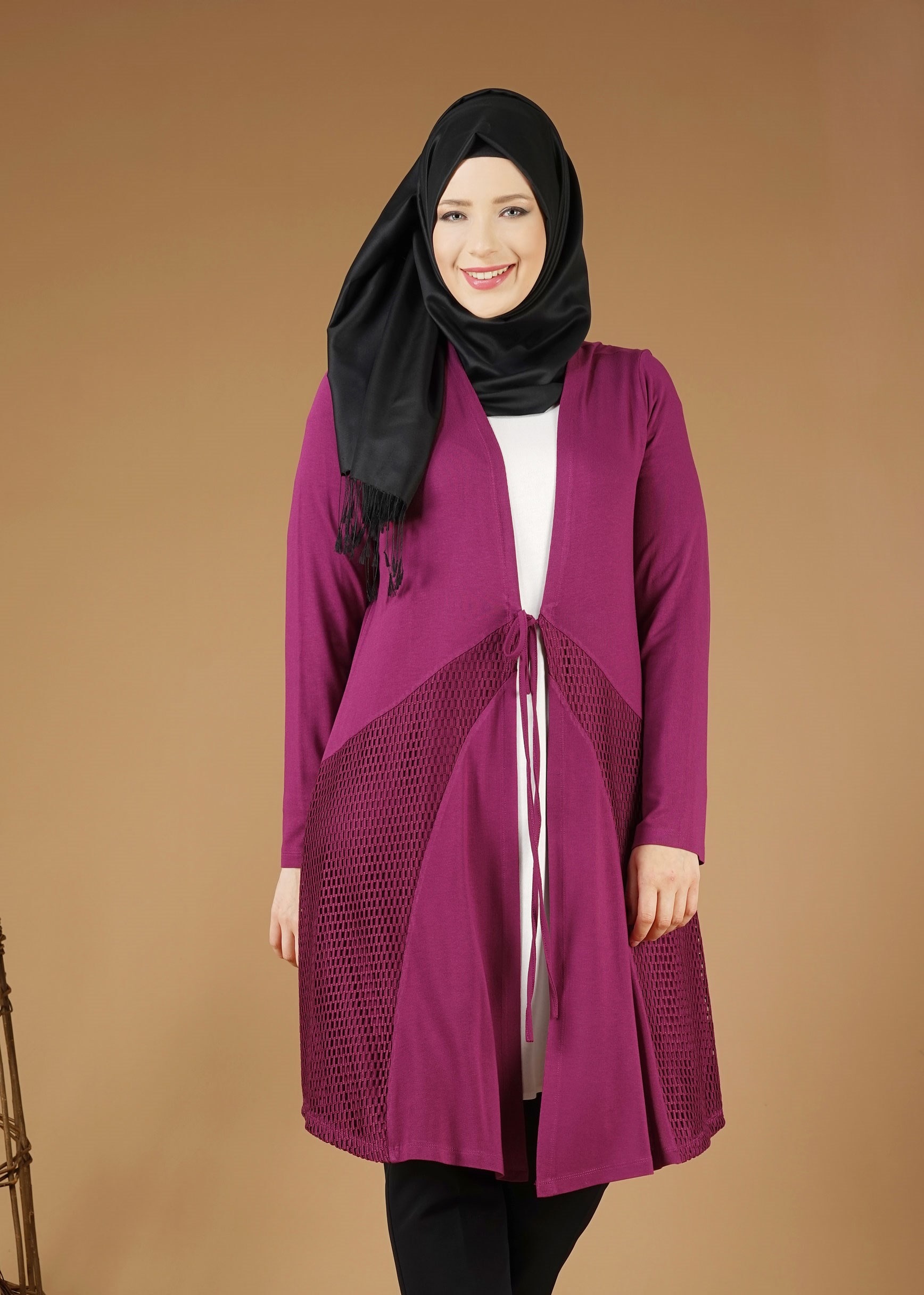 Tesettür giyim MOR FİLELİ ÖNDEN BAĞLAMALI TUNİK 2628 