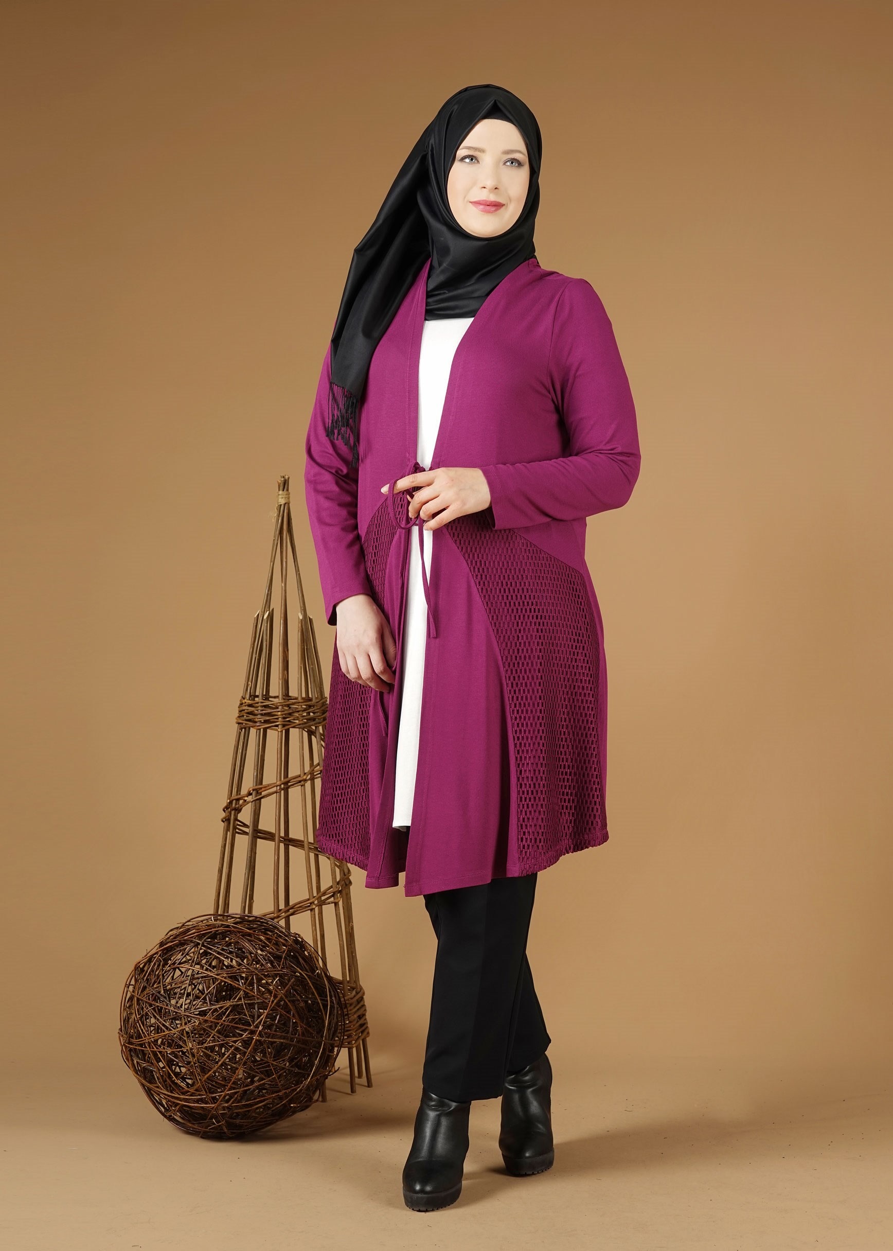 Tesettür giyim MOR FİLELİ ÖNDEN BAĞLAMALI TUNİK 2628 