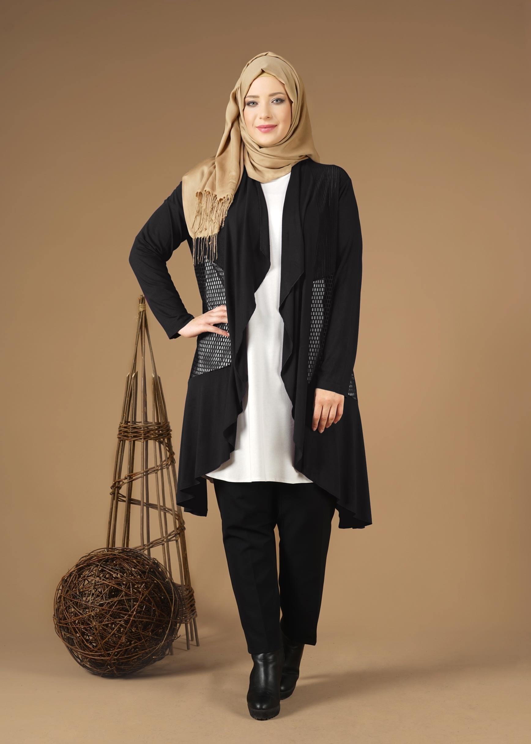 Tesettür giyim SİYAH FİLE DETAYLI ŞAL YAKA TUNİK 2629 