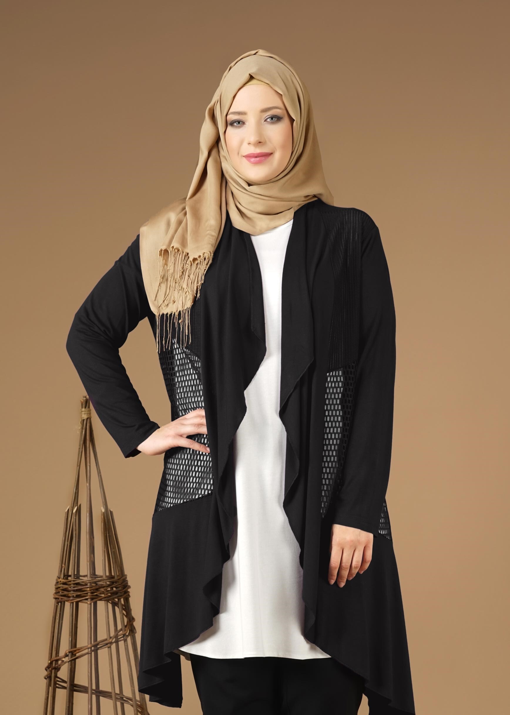 Tesettür giyim SİYAH FİLE DETAYLI ŞAL YAKA TUNİK 2629 